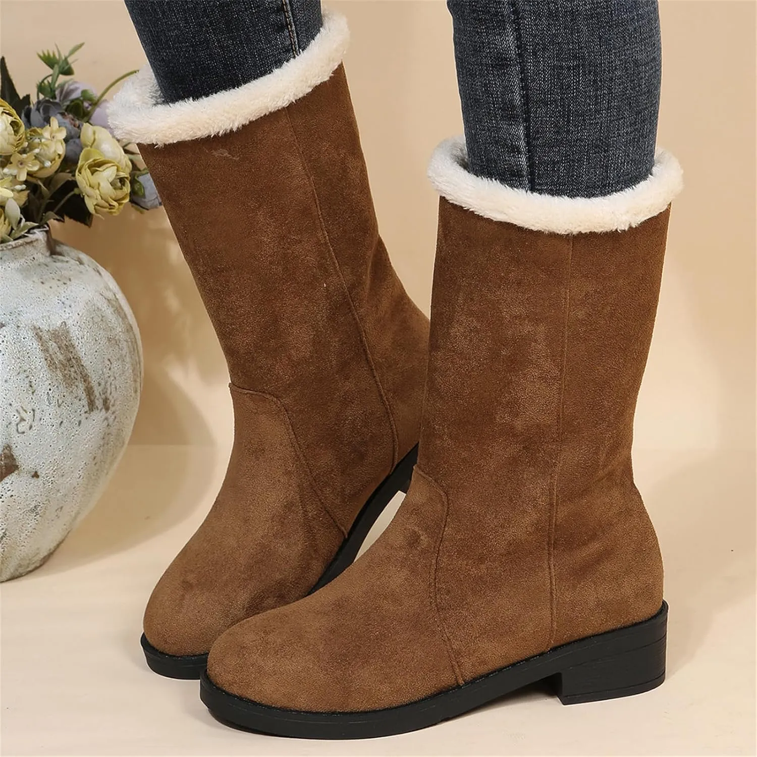 Ladmiple Winter Boots For Women Tall Mid Calf Snow Boots Warm Comfortable Slip On Outdoor Fur Lined Lining Walking Shoes