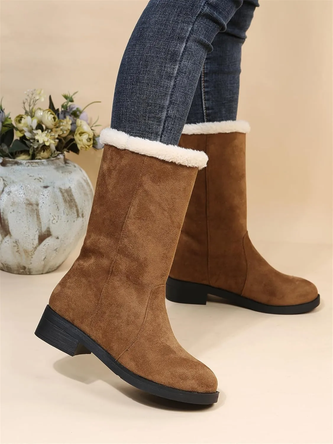 Ladmiple Winter Boots For Women Tall Mid Calf Snow Boots Warm Comfortable Slip On Outdoor Fur Lined Lining Walking Shoes