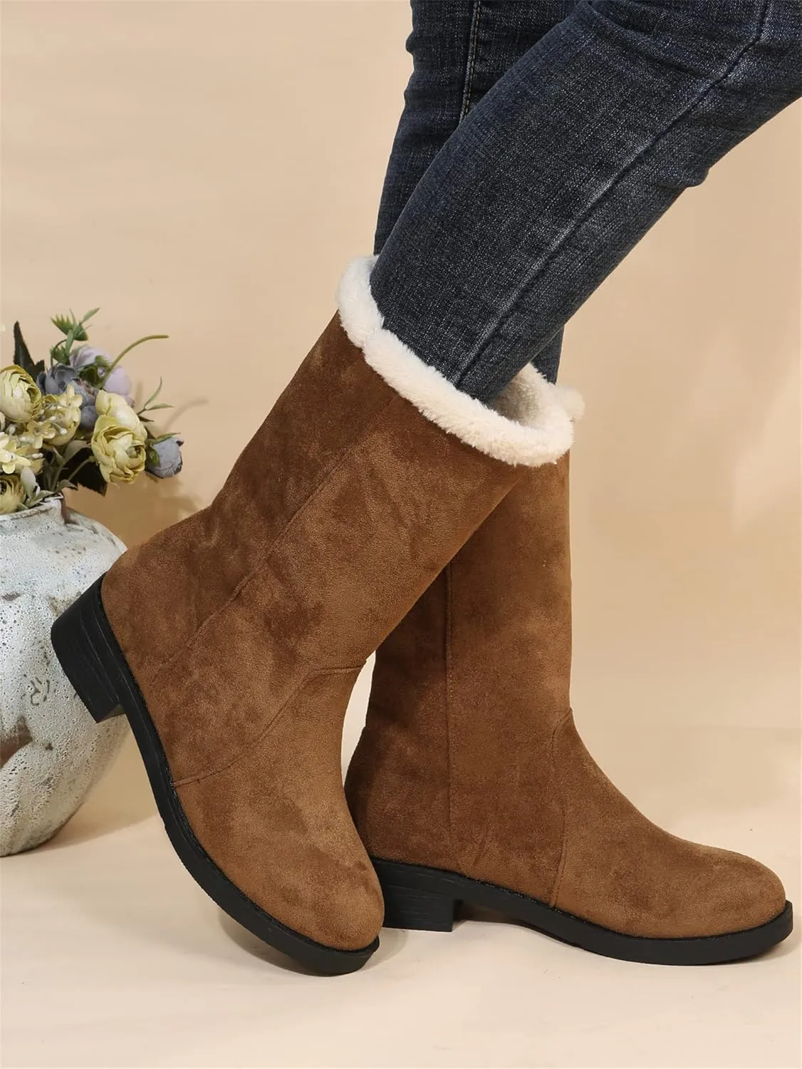 Ladmiple Winter Boots For Women Tall Mid Calf Snow Boots Warm Comfortable Slip On Outdoor Fur Lined Lining Walking Shoes