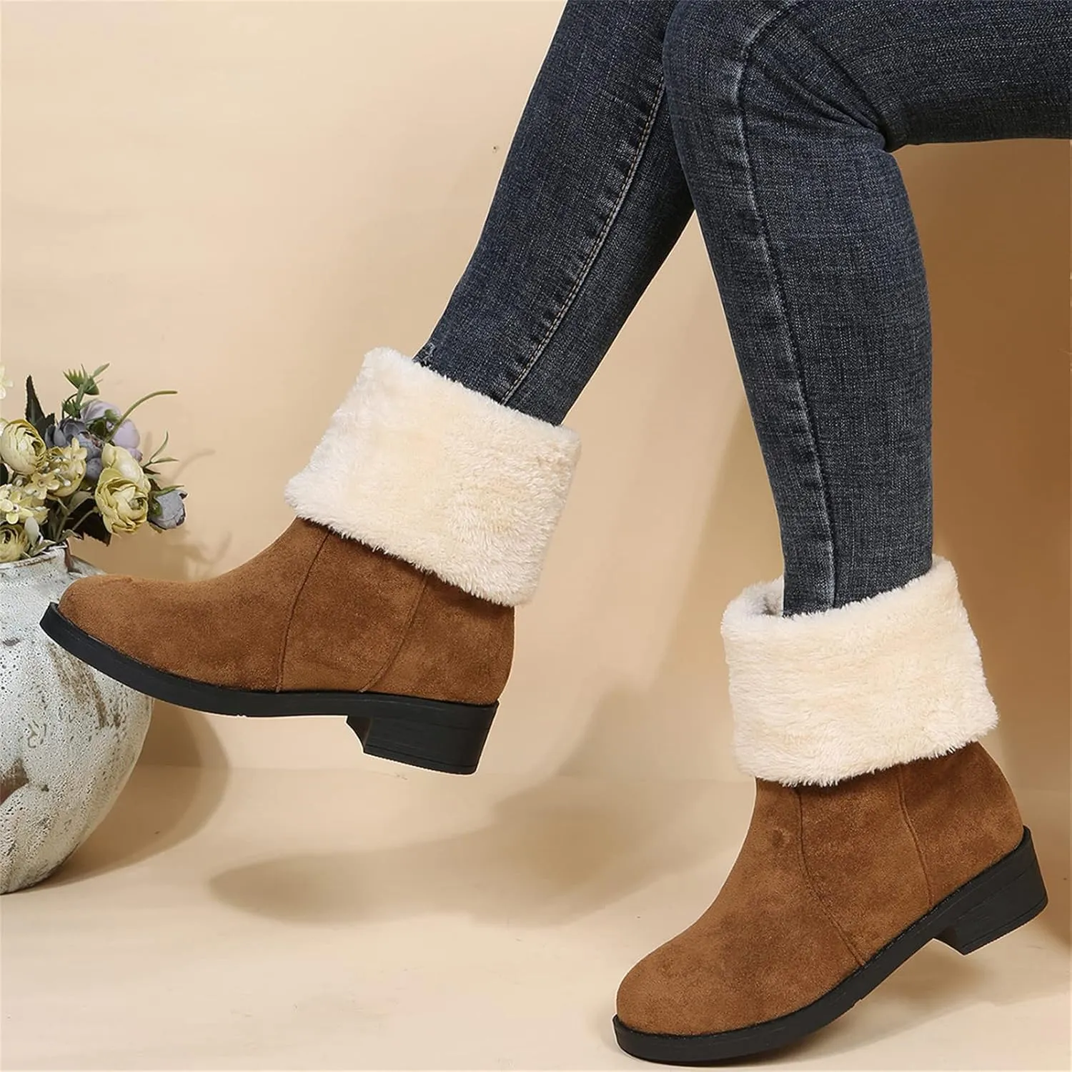 Ladmiple Winter Boots For Women Tall Mid Calf Snow Boots Warm Comfortable Slip On Outdoor Fur Lined Lining Walking Shoes