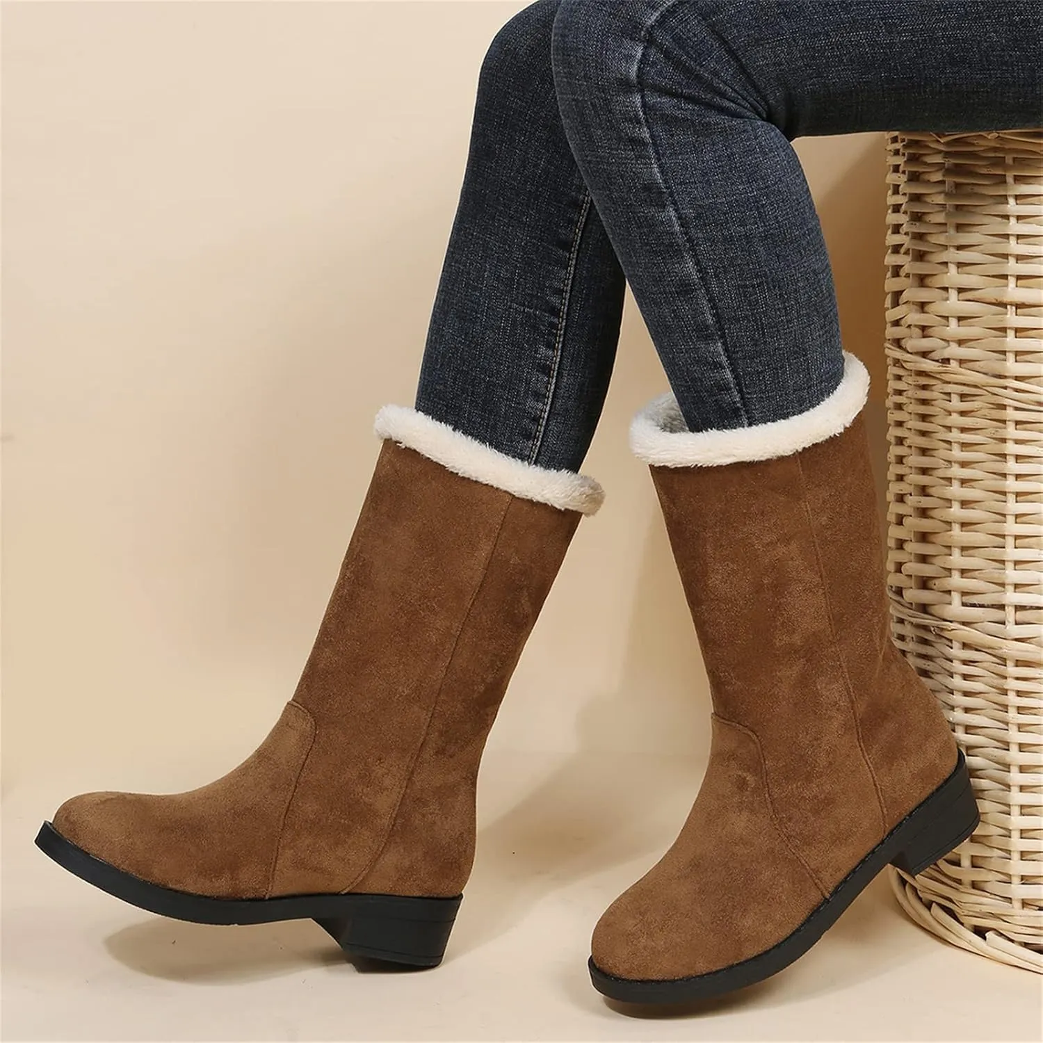 Ladmiple Winter Boots For Women Tall Mid Calf Snow Boots Warm Comfortable Slip On Outdoor Fur Lined Lining Walking Shoes