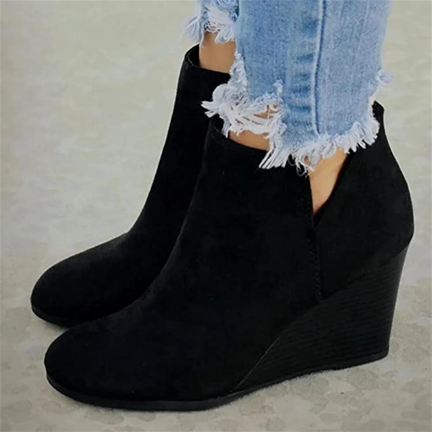 Lausiuoe Wedge Booties For Women Closed Toe Ankle Boots Low Heels Western Shoes Casual Dressy Platform Fall Booties