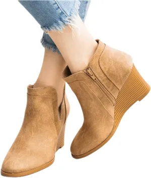 Lausiuoe Wedge Booties For Women Closed Toe Heeled Ankle Boots Casual Dressy Fashion Platform Wide Western Fall Booties
