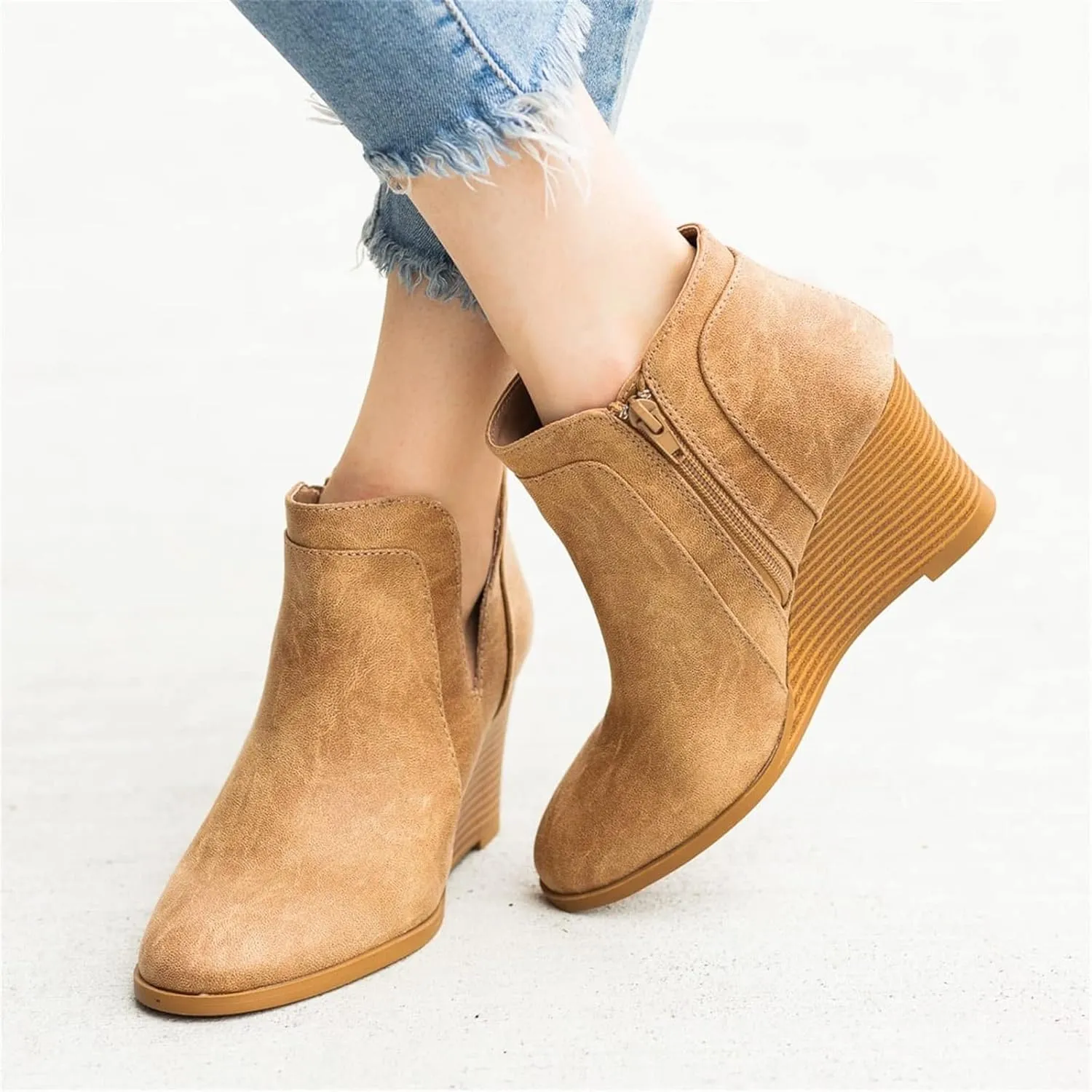 Lausiuoe Wedge Booties For Women Closed Toe Heeled Ankle Boots Casual Dressy Fashion Platform Wide Western Fall Booties