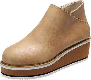 Lausiuoe Wedge Booties For Women Closed Toe Platform Ankle Booties Casual Dressy Western Wide Calf Heeled Fall Boots