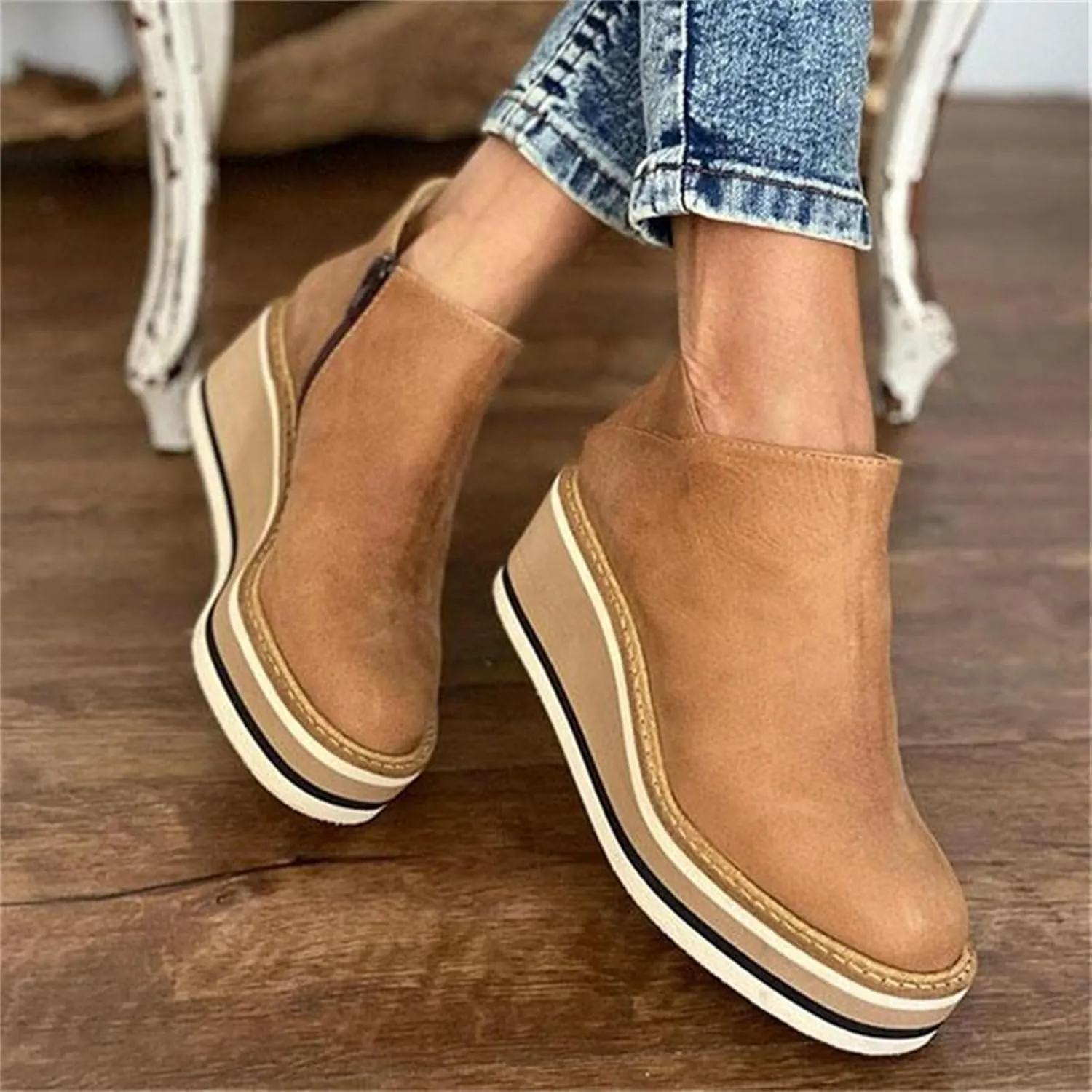 Lausiuoe Wedge Booties For Women Closed Toe Platform Ankle Booties Casual Dressy Western Wide Calf Heeled Fall Boots