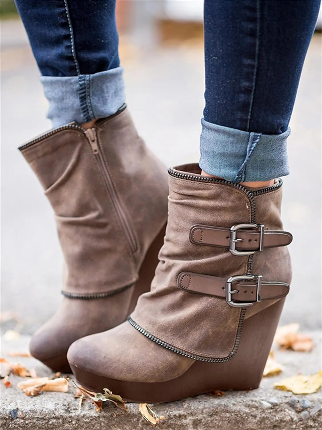 Lausiuoe Wedge Booties For Women Closed Toe Platform Ankle Booties Casual Dressy Western Wide Calf Heeled Fall Boots