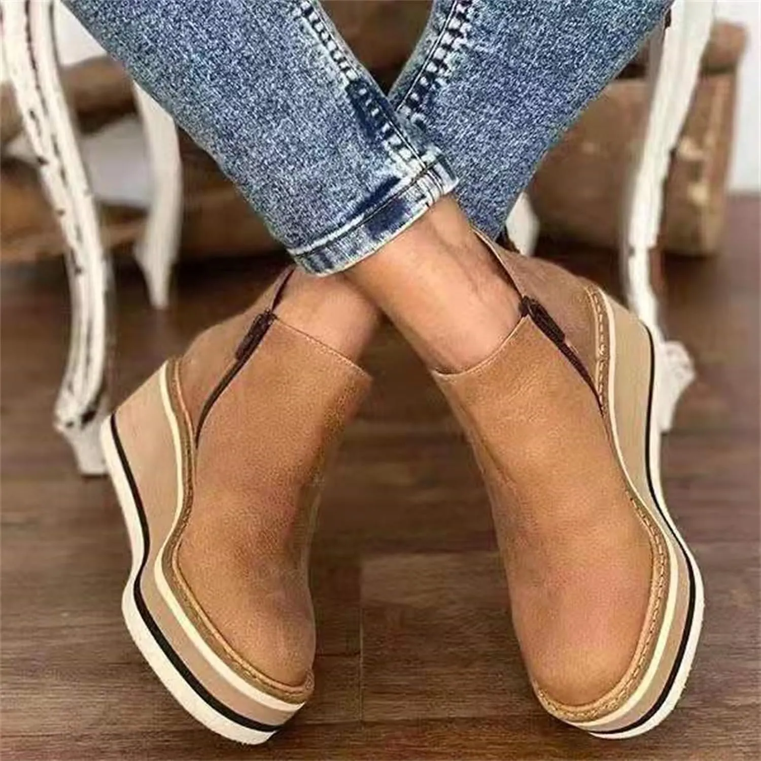 Lausiuoe Wedge Booties For Women Closed Toe Platform Ankle Booties Casual Dressy Western Wide Calf Heeled Fall Boots