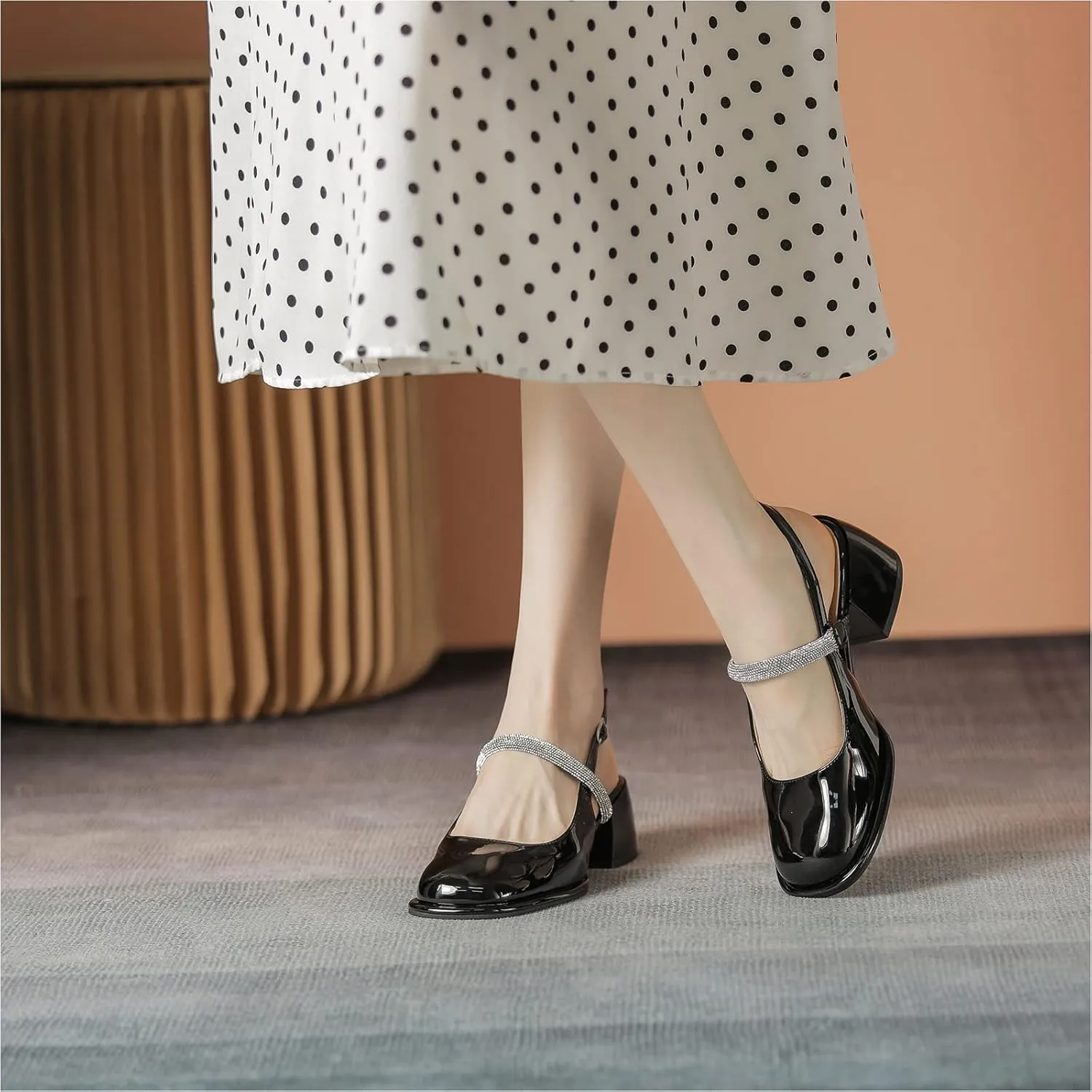 LEMUTISME Women's Elegant Square Toe Chunky Slingback Mary Jane Rhinestones Ankle Strap with Buckle Mid Block Heel Dress Pumps for Wedding Prom