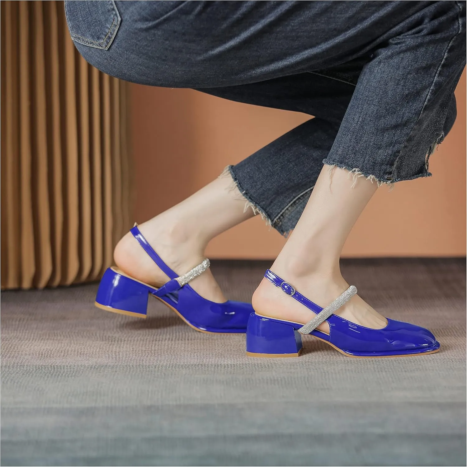 LEMUTISME Women's Elegant Square Toe Chunky Slingback Mary Jane Rhinestones Ankle Strap with Buckle Mid Block Heel Dress Pumps for Wedding Prom