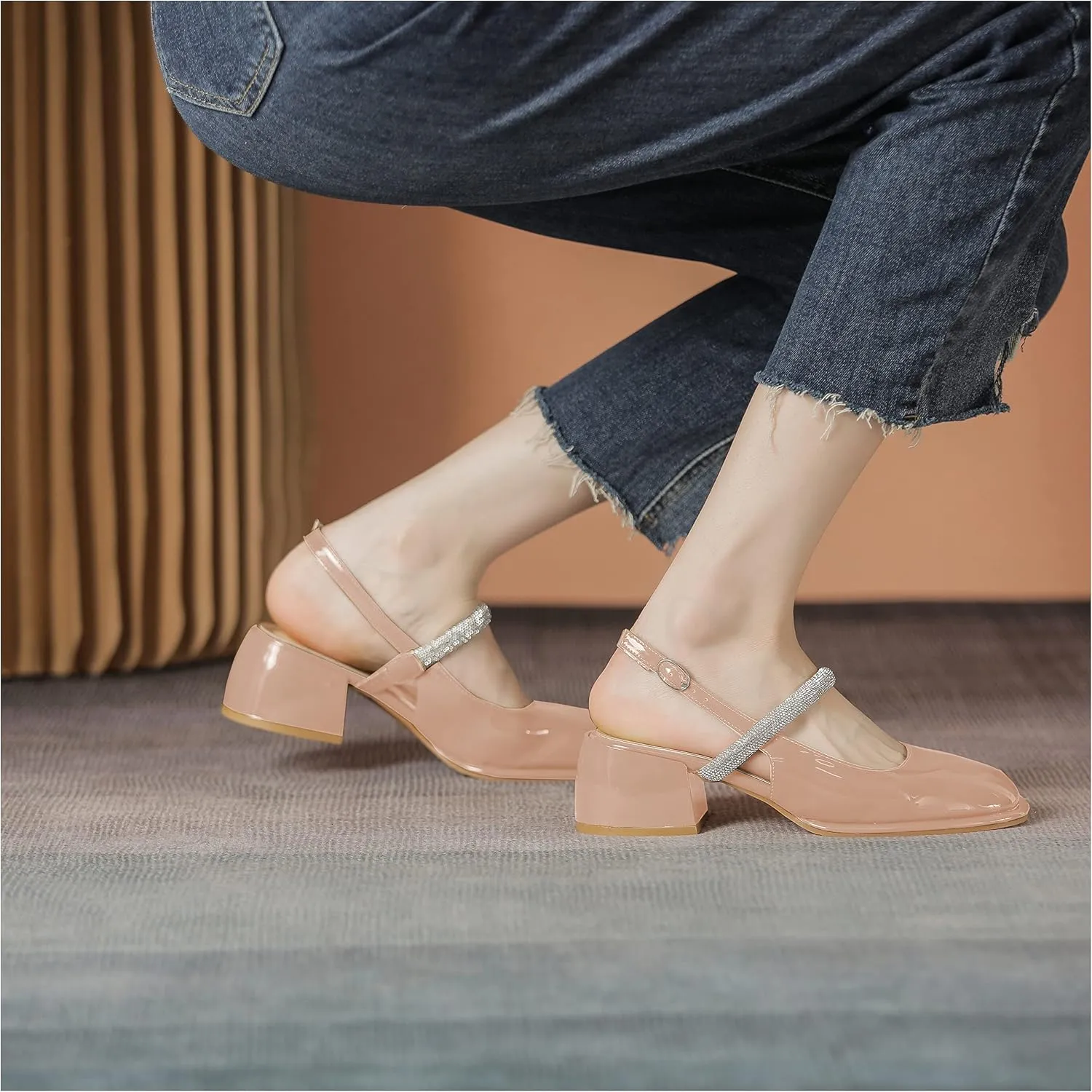 LEMUTISME Women's Elegant Square Toe Chunky Slingback Mary Jane Rhinestones Ankle Strap with Buckle Mid Block Heel Dress Pumps for Wedding Prom