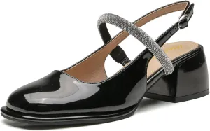 LEMUTISME Women's Elegant Square Toe Chunky Slingback Mary Jane Rhinestones Ankle Strap with Buckle Mid Block Heel Dress Pumps for Wedding Prom