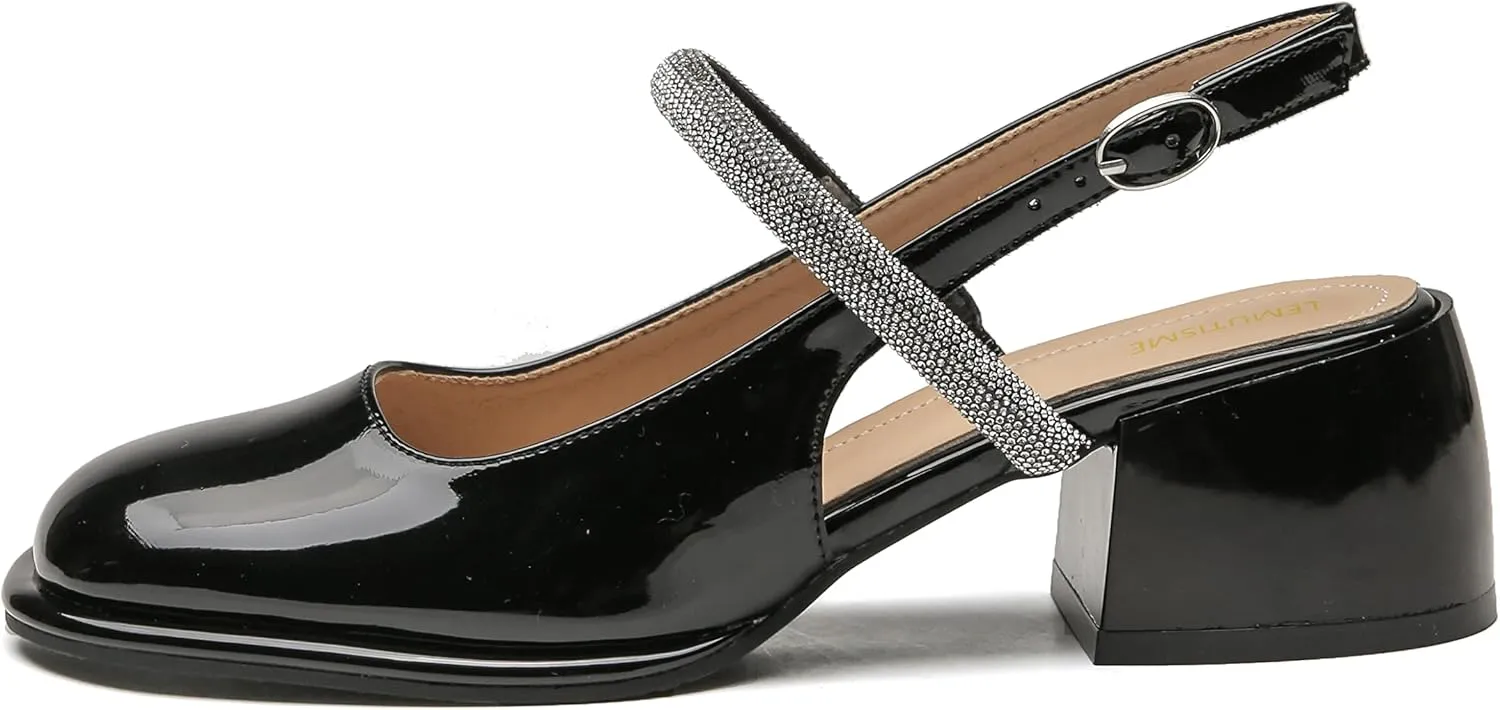 LEMUTISME Women's Elegant Square Toe Chunky Slingback Mary Jane Rhinestones Ankle Strap with Buckle Mid Block Heel Dress Pumps for Wedding Prom
