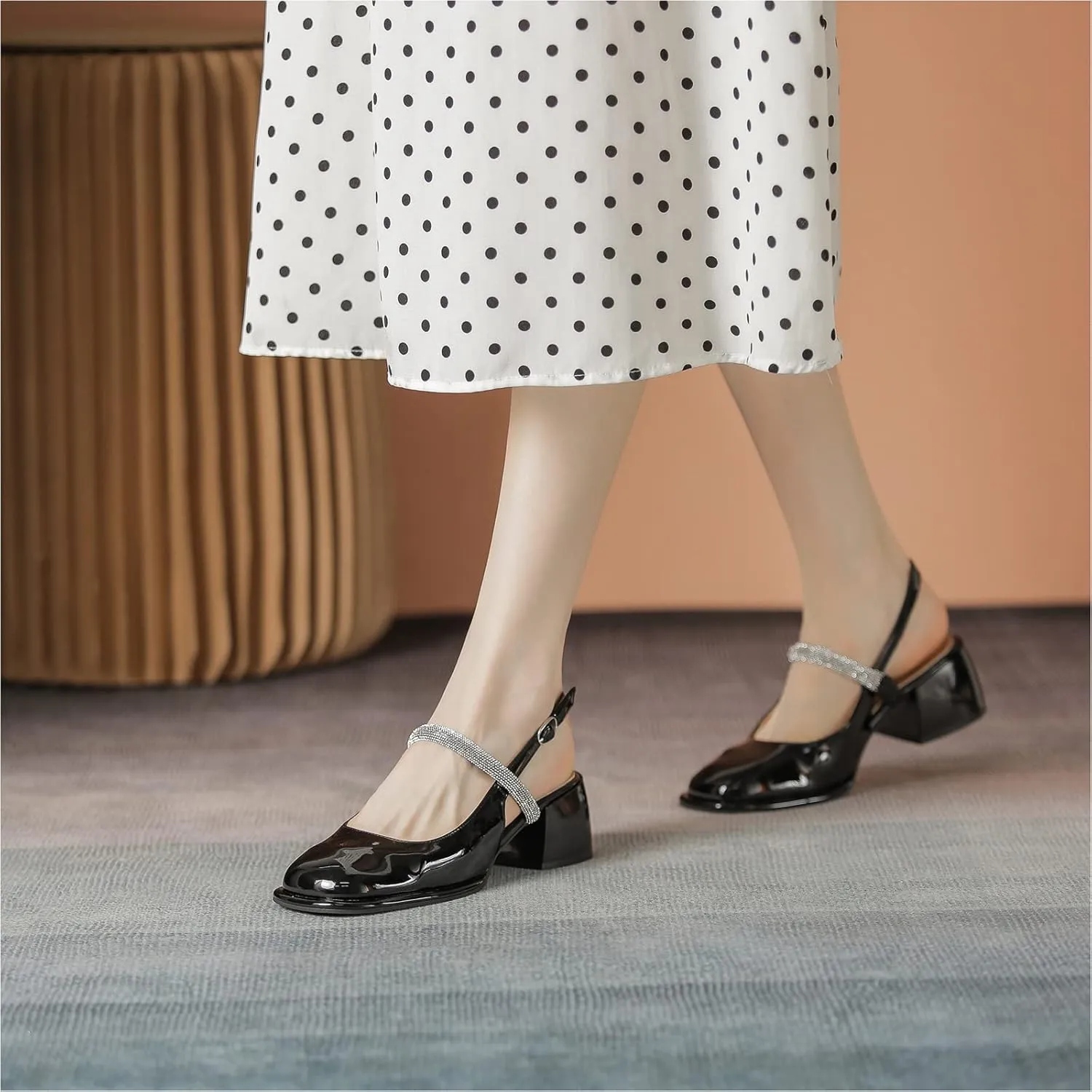 LEMUTISME Women's Elegant Square Toe Chunky Slingback Mary Jane Rhinestones Ankle Strap with Buckle Mid Block Heel Dress Pumps for Wedding Prom