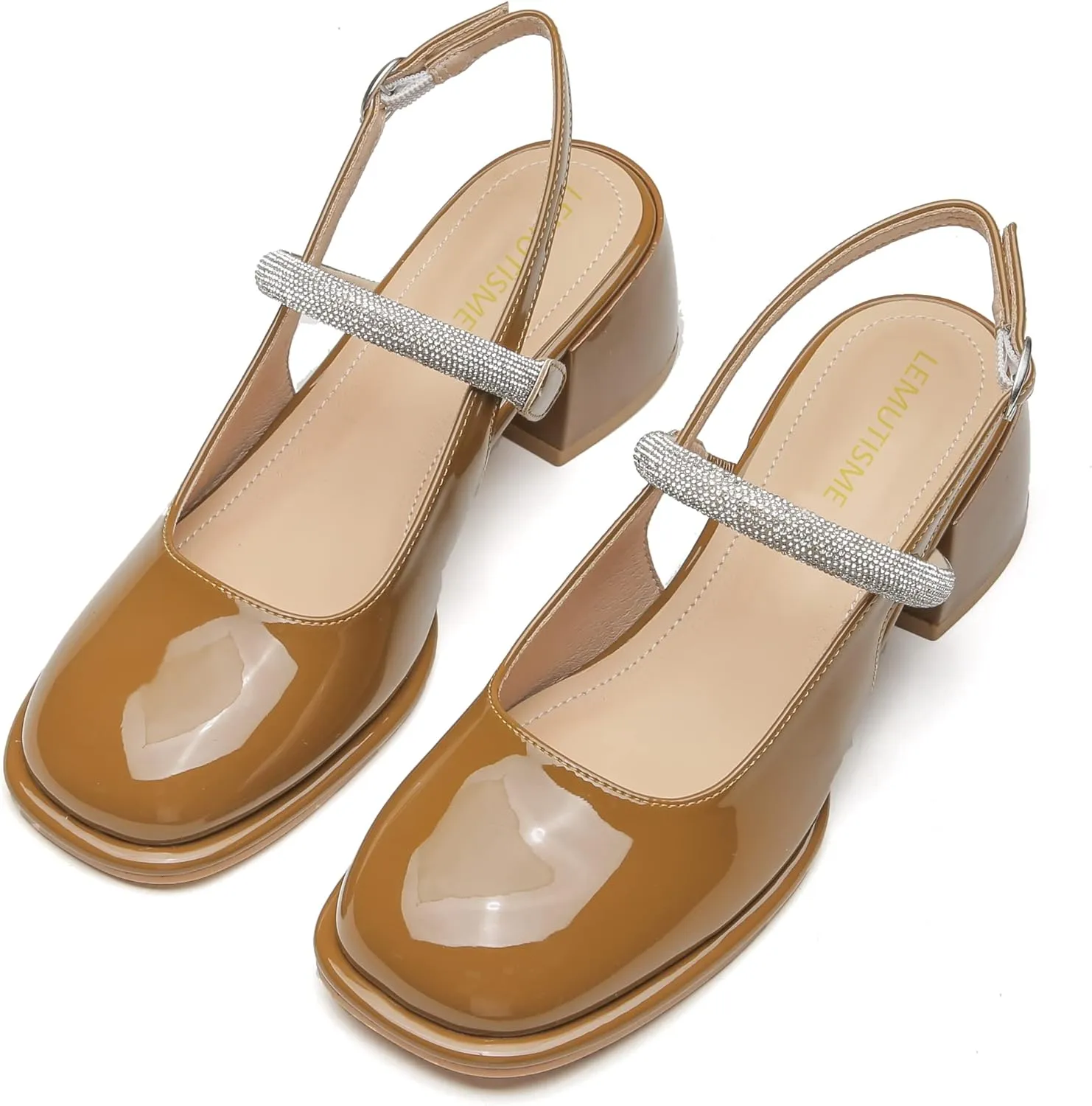 LEMUTISME Women's Elegant Square Toe Chunky Slingback Mary Jane Rhinestones Ankle Strap with Buckle Mid Block Heel Dress Pumps for Wedding Prom