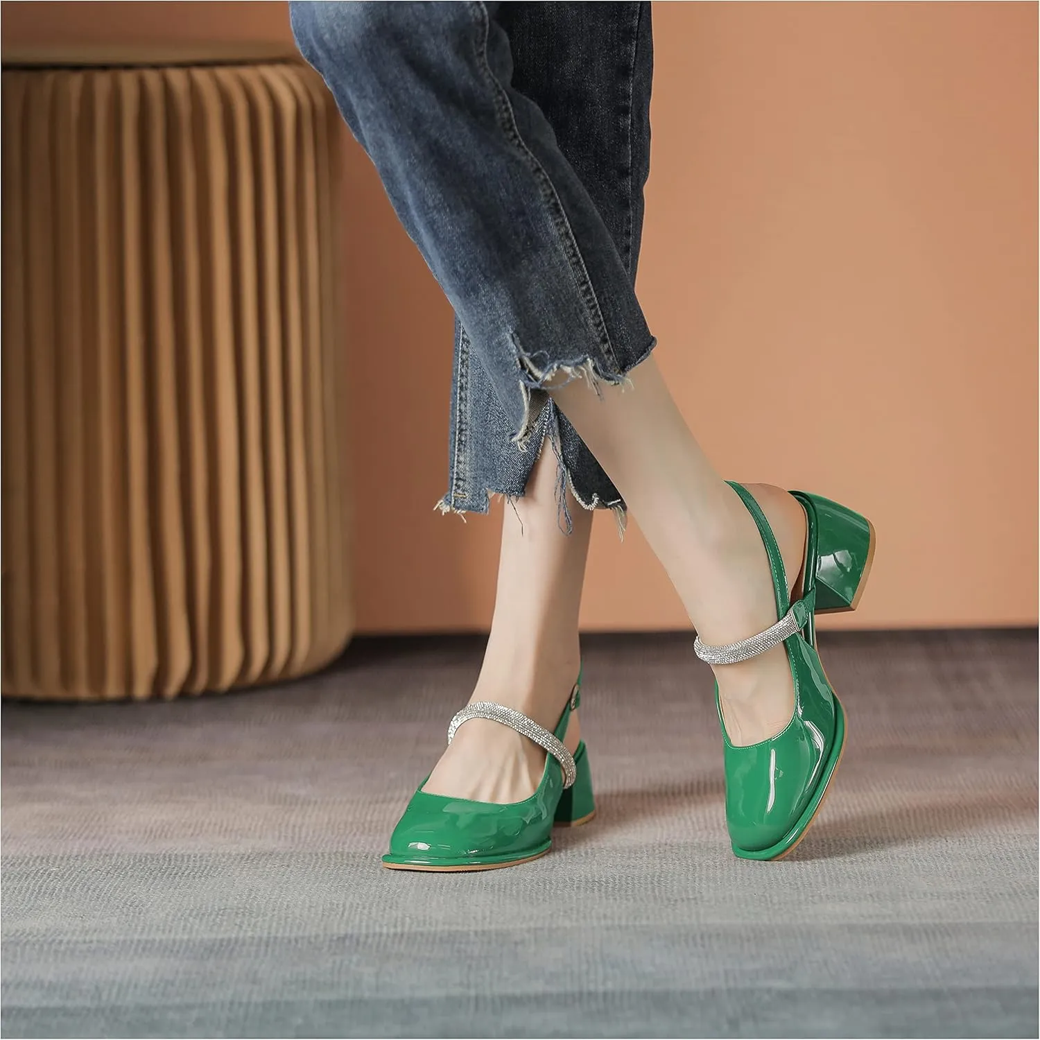 LEMUTISME Women's Elegant Square Toe Chunky Slingback Mary Jane Rhinestones Ankle Strap with Buckle Mid Block Heel Dress Pumps for Wedding Prom