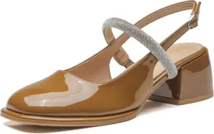 LEMUTISME Women's Elegant Square Toe Chunky Slingback Mary Jane Rhinestones Ankle Strap with Buckle Mid Block Heel Dress Pumps for Wedding Prom