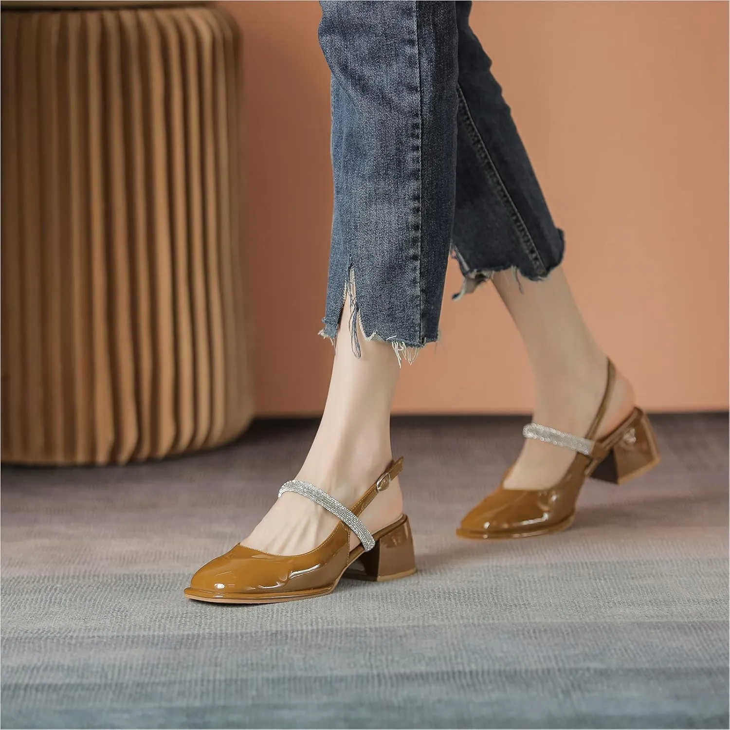 LEMUTISME Women's Elegant Square Toe Chunky Slingback Mary Jane Rhinestones Ankle Strap with Buckle Mid Block Heel Dress Pumps for Wedding Prom