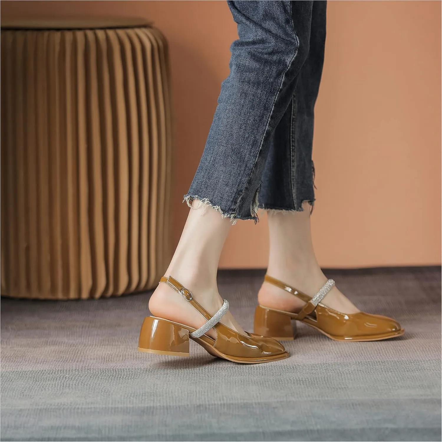 LEMUTISME Women's Elegant Square Toe Chunky Slingback Mary Jane Rhinestones Ankle Strap with Buckle Mid Block Heel Dress Pumps for Wedding Prom
