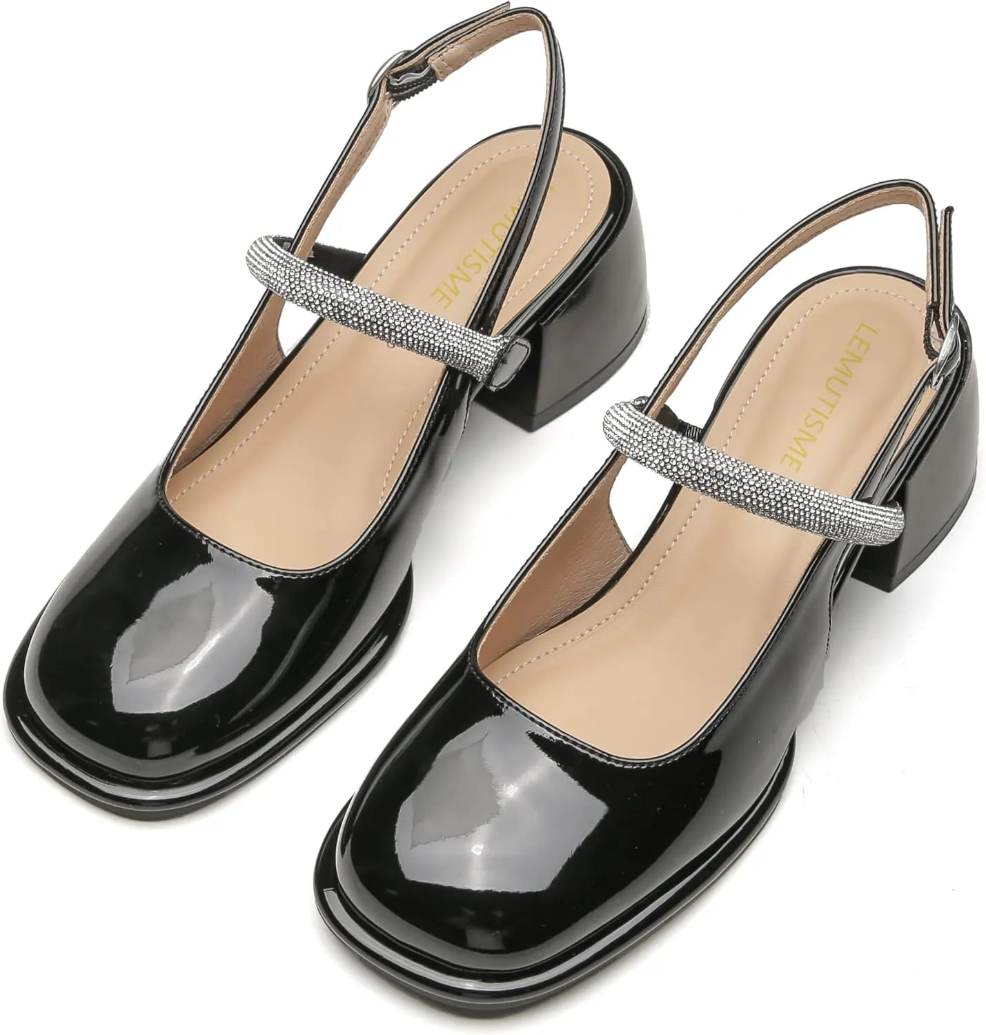LEMUTISME Women's Elegant Square Toe Chunky Slingback Mary Jane Rhinestones Ankle Strap with Buckle Mid Block Heel Dress Pumps for Wedding Prom
