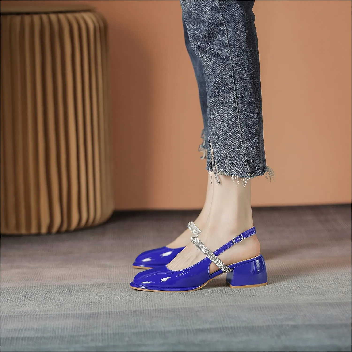 LEMUTISME Women's Elegant Square Toe Chunky Slingback Mary Jane Rhinestones Ankle Strap with Buckle Mid Block Heel Dress Pumps for Wedding Prom