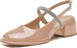 LEMUTISME Women's Elegant Square Toe Chunky Slingback Mary Jane Rhinestones Ankle Strap with Buckle Mid Block Heel Dress Pumps for Wedding Prom