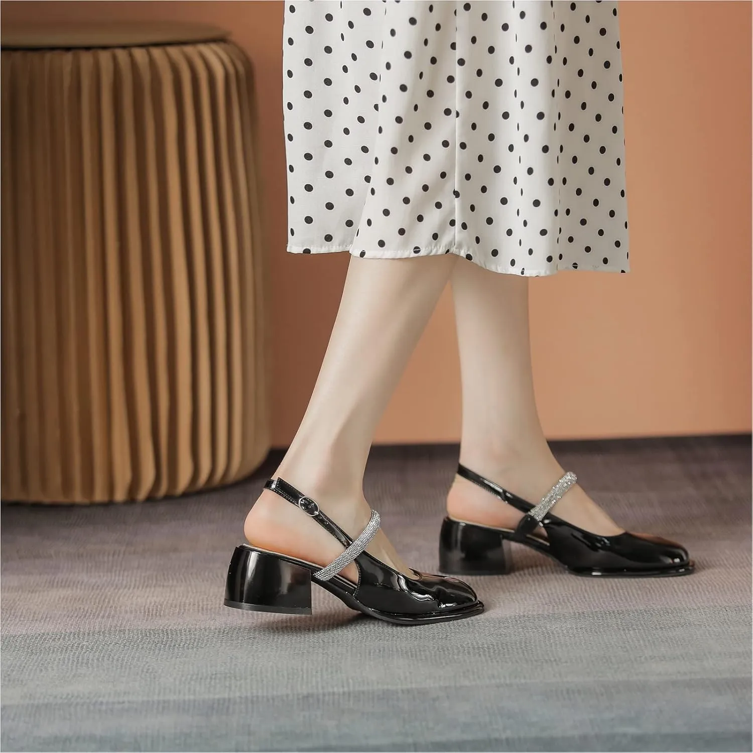 LEMUTISME Women's Elegant Square Toe Chunky Slingback Mary Jane Rhinestones Ankle Strap with Buckle Mid Block Heel Dress Pumps for Wedding Prom