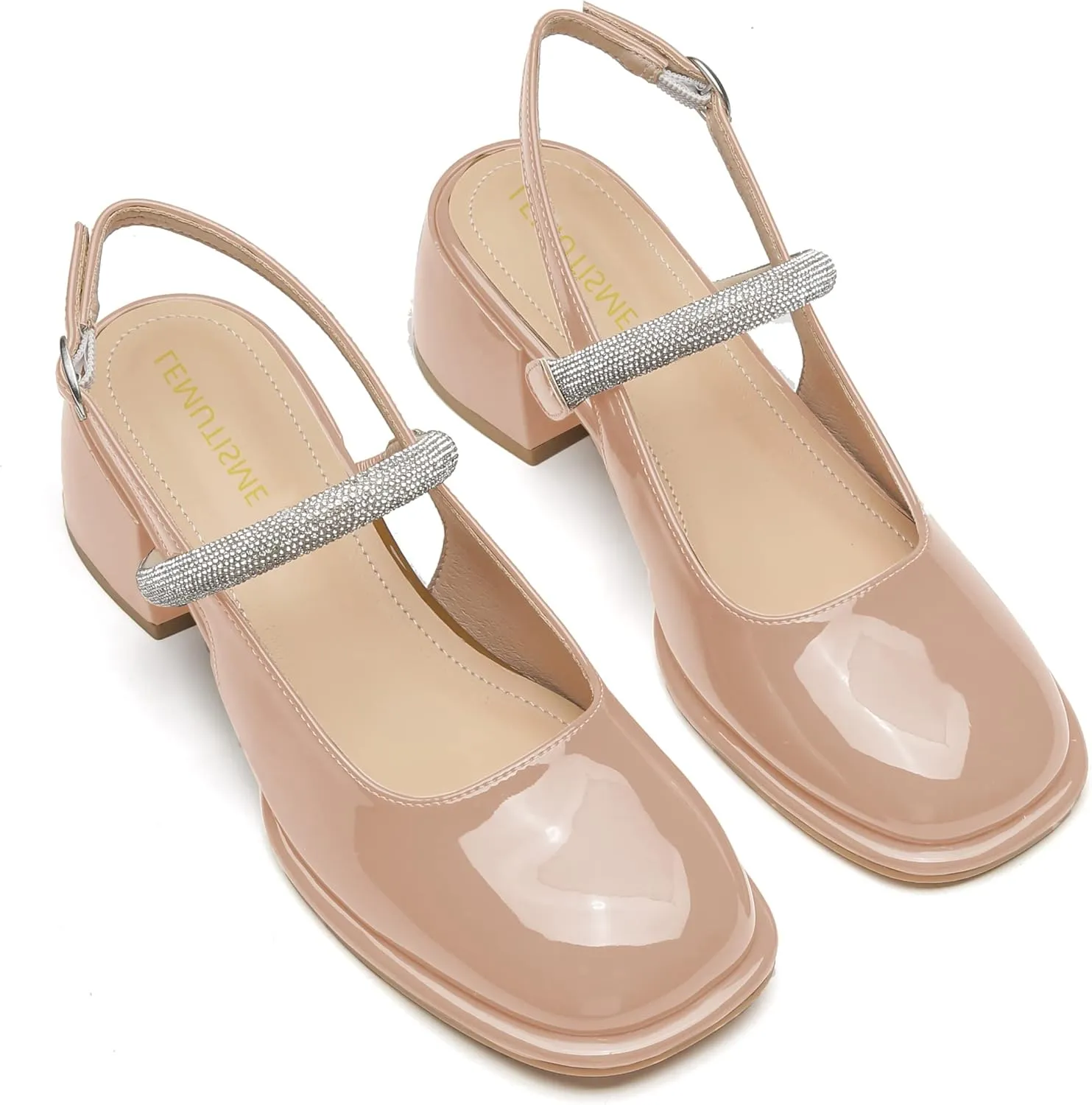LEMUTISME Women's Elegant Square Toe Chunky Slingback Mary Jane Rhinestones Ankle Strap with Buckle Mid Block Heel Dress Pumps for Wedding Prom