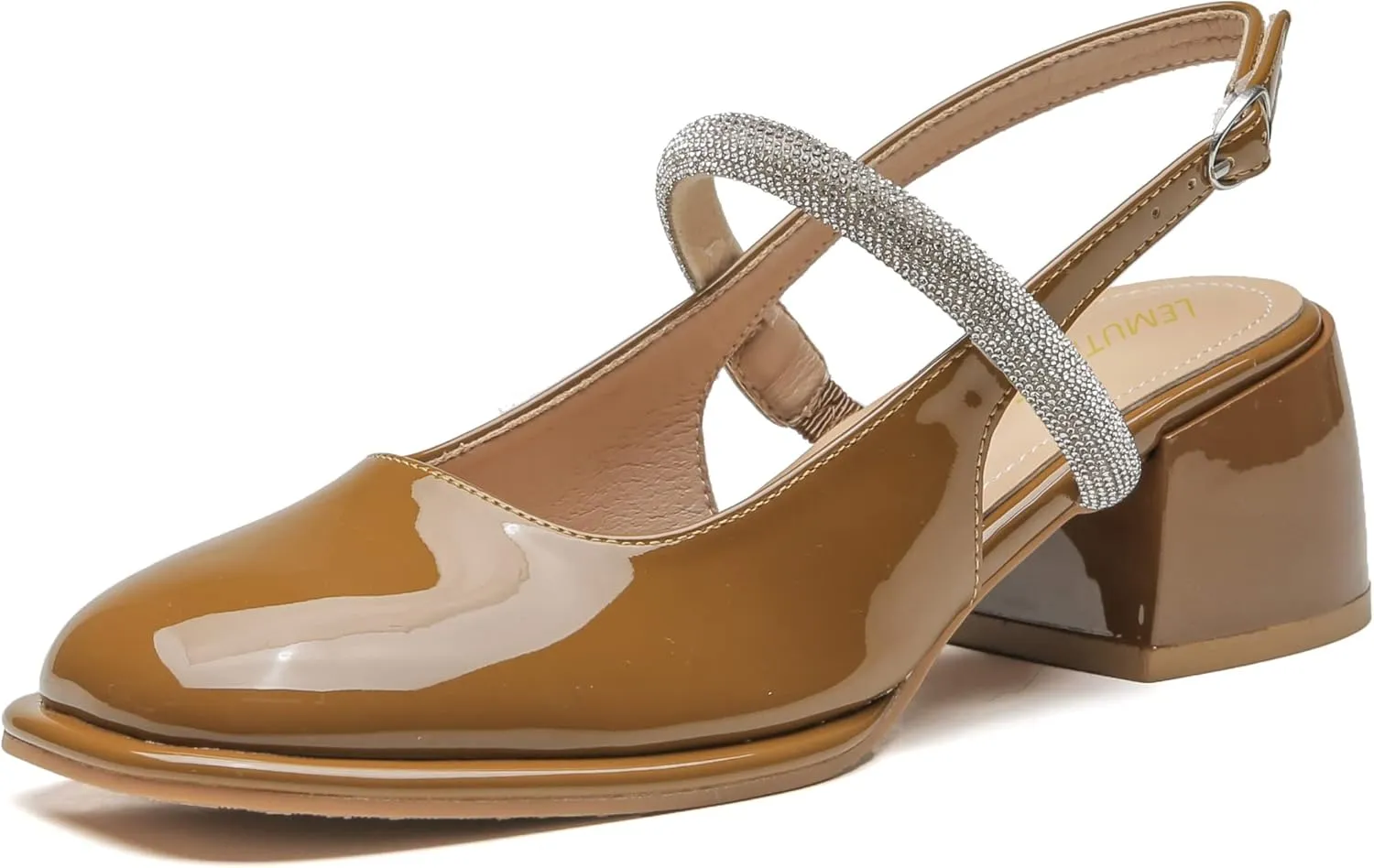 LEMUTISME Women's Elegant Square Toe Chunky Slingback Mary Jane Rhinestones Ankle Strap with Buckle Mid Block Heel Dress Pumps for Wedding Prom