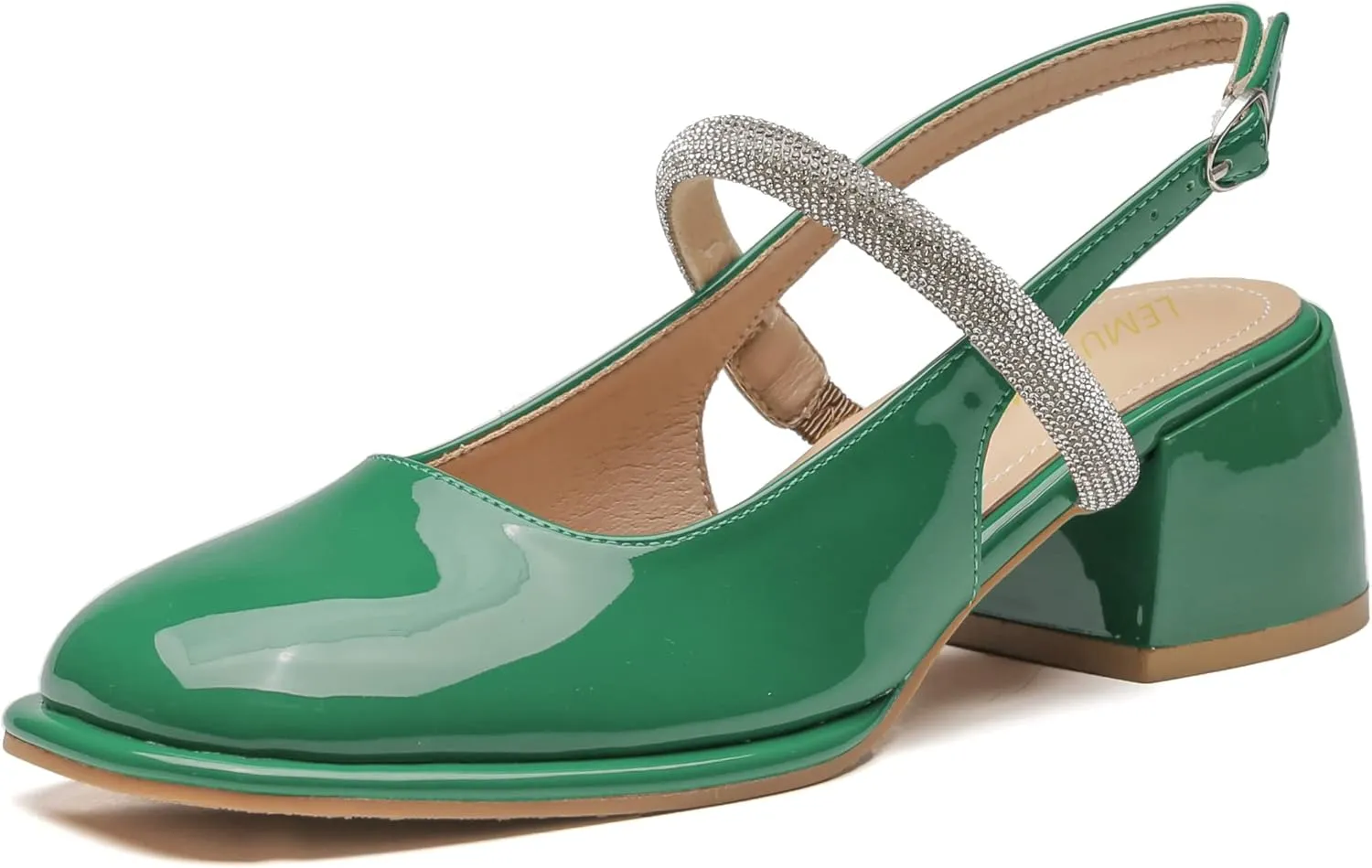 LEMUTISME Women's Elegant Square Toe Chunky Slingback Mary Jane Rhinestones Ankle Strap with Buckle Mid Block Heel Dress Pumps for Wedding Prom