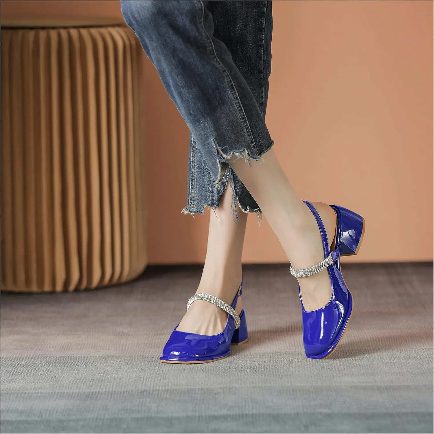 LEMUTISME Women's Elegant Square Toe Chunky Slingback Mary Jane Rhinestones Ankle Strap with Buckle Mid Block Heel Dress Pumps for Wedding Prom