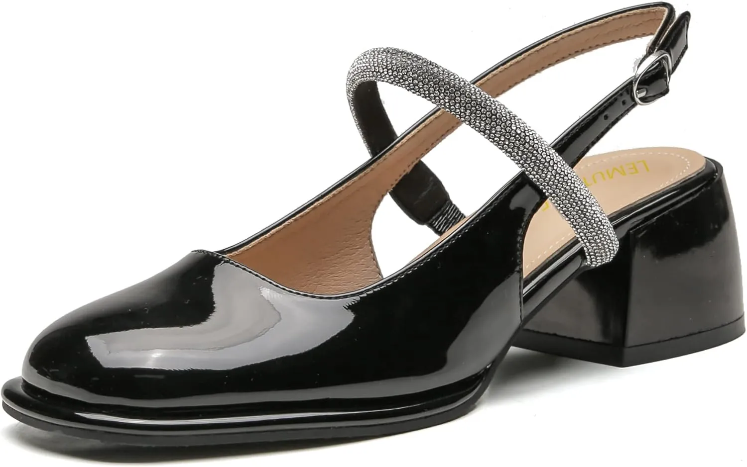 LEMUTISME Women's Elegant Square Toe Chunky Slingback Mary Jane Rhinestones Ankle Strap with Buckle Mid Block Heel Dress Pumps for Wedding Prom