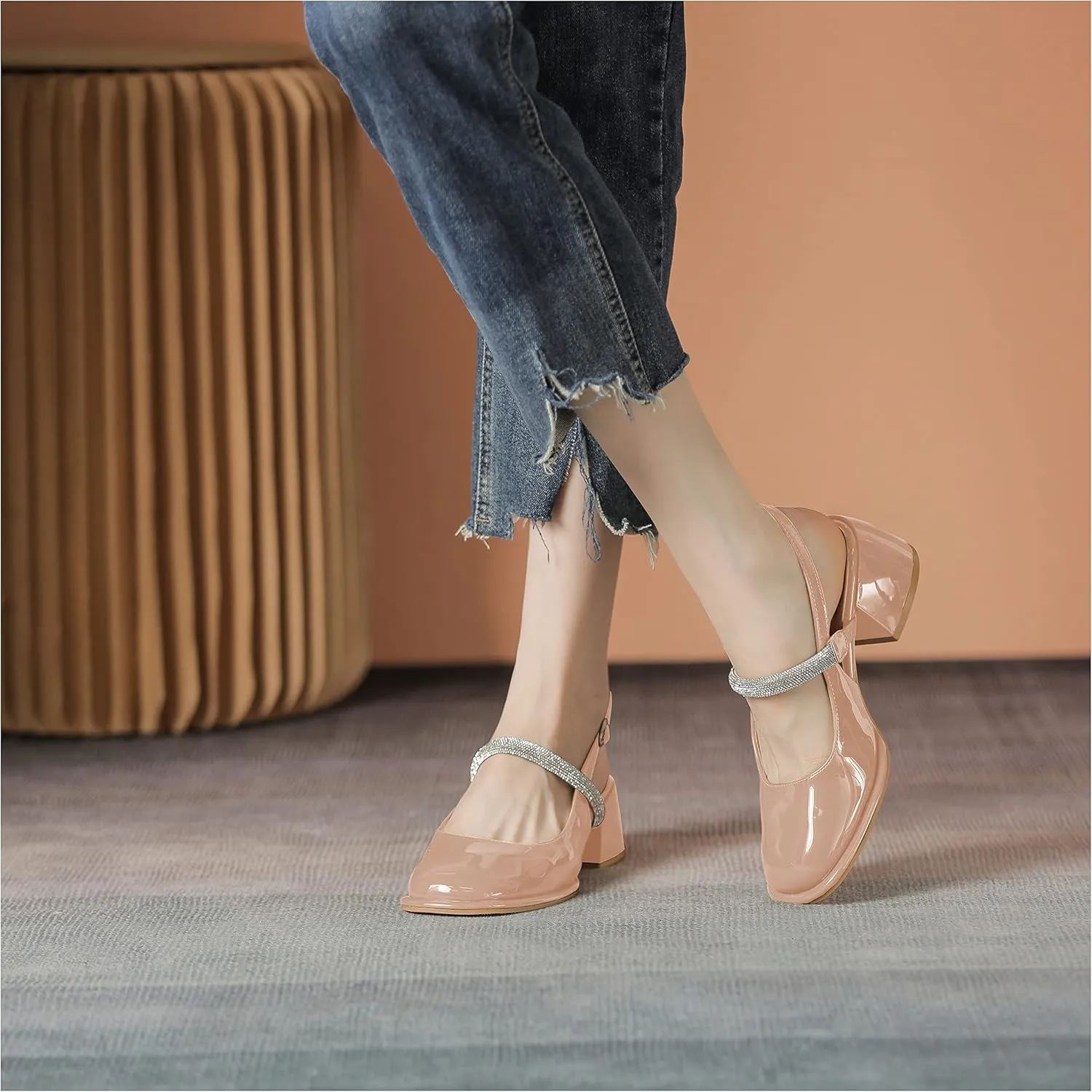 LEMUTISME Women's Elegant Square Toe Chunky Slingback Mary Jane Rhinestones Ankle Strap with Buckle Mid Block Heel Dress Pumps for Wedding Prom