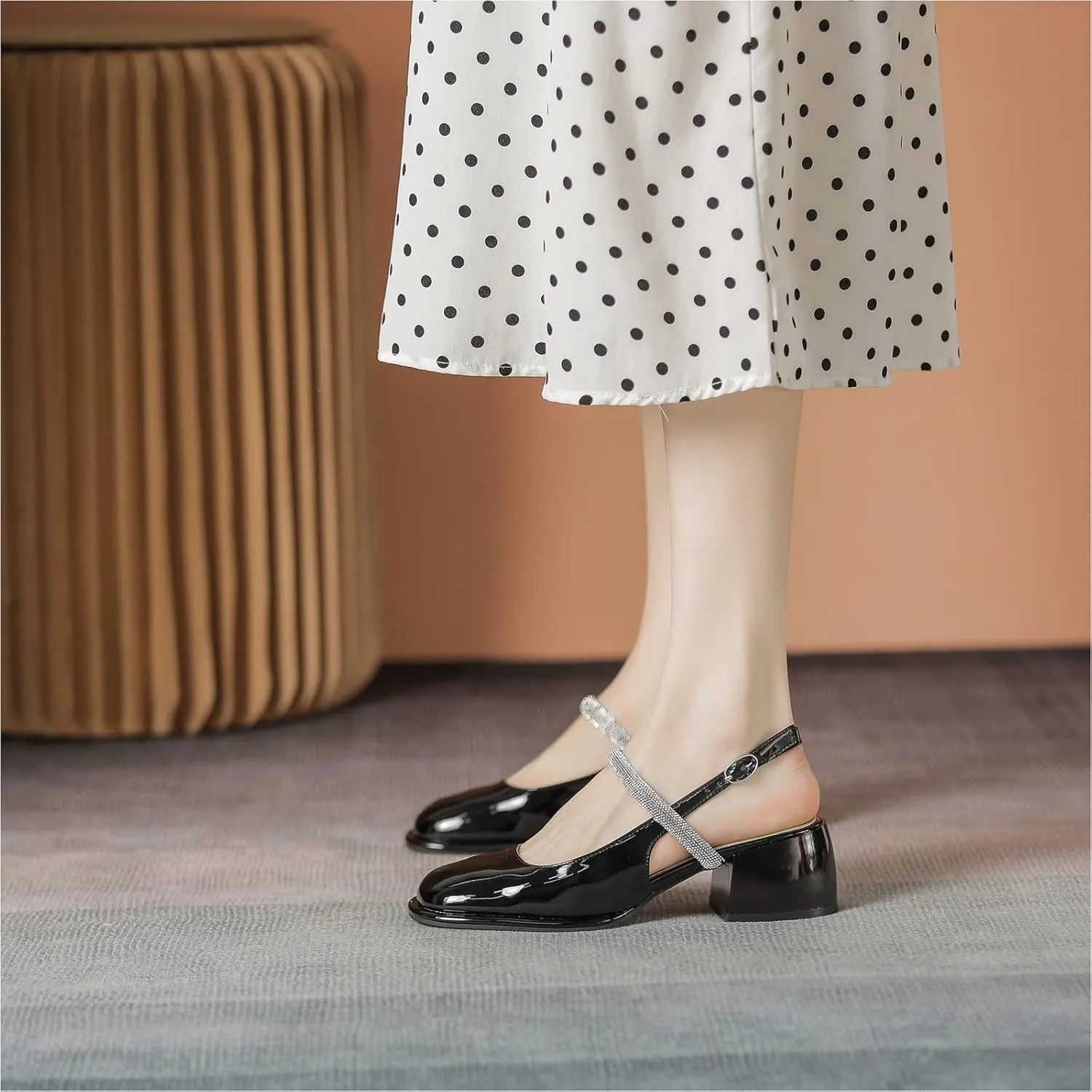 LEMUTISME Women's Elegant Square Toe Chunky Slingback Mary Jane Rhinestones Ankle Strap with Buckle Mid Block Heel Dress Pumps for Wedding Prom