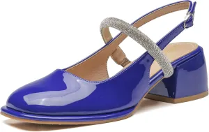 LEMUTISME Women's Elegant Square Toe Chunky Slingback Mary Jane Rhinestones Ankle Strap with Buckle Mid Block Heel Dress Pumps for Wedding Prom