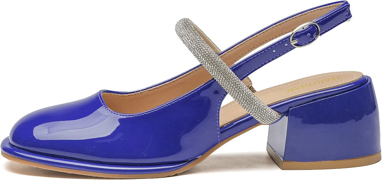LEMUTISME Women's Elegant Square Toe Chunky Slingback Mary Jane Rhinestones Ankle Strap with Buckle Mid Block Heel Dress Pumps for Wedding Prom