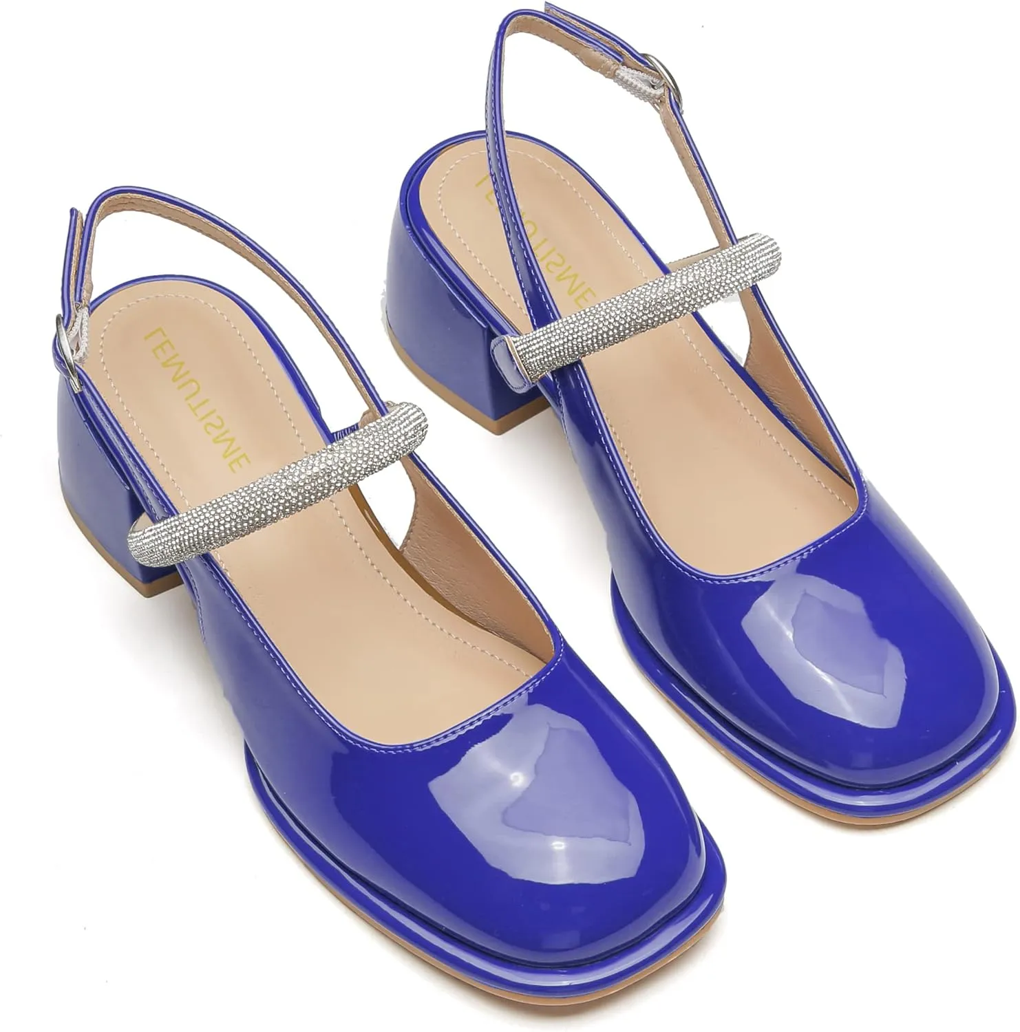 LEMUTISME Women's Elegant Square Toe Chunky Slingback Mary Jane Rhinestones Ankle Strap with Buckle Mid Block Heel Dress Pumps for Wedding Prom