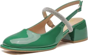 LEMUTISME Women's Elegant Square Toe Chunky Slingback Mary Jane Rhinestones Ankle Strap with Buckle Mid Block Heel Dress Pumps for Wedding Prom