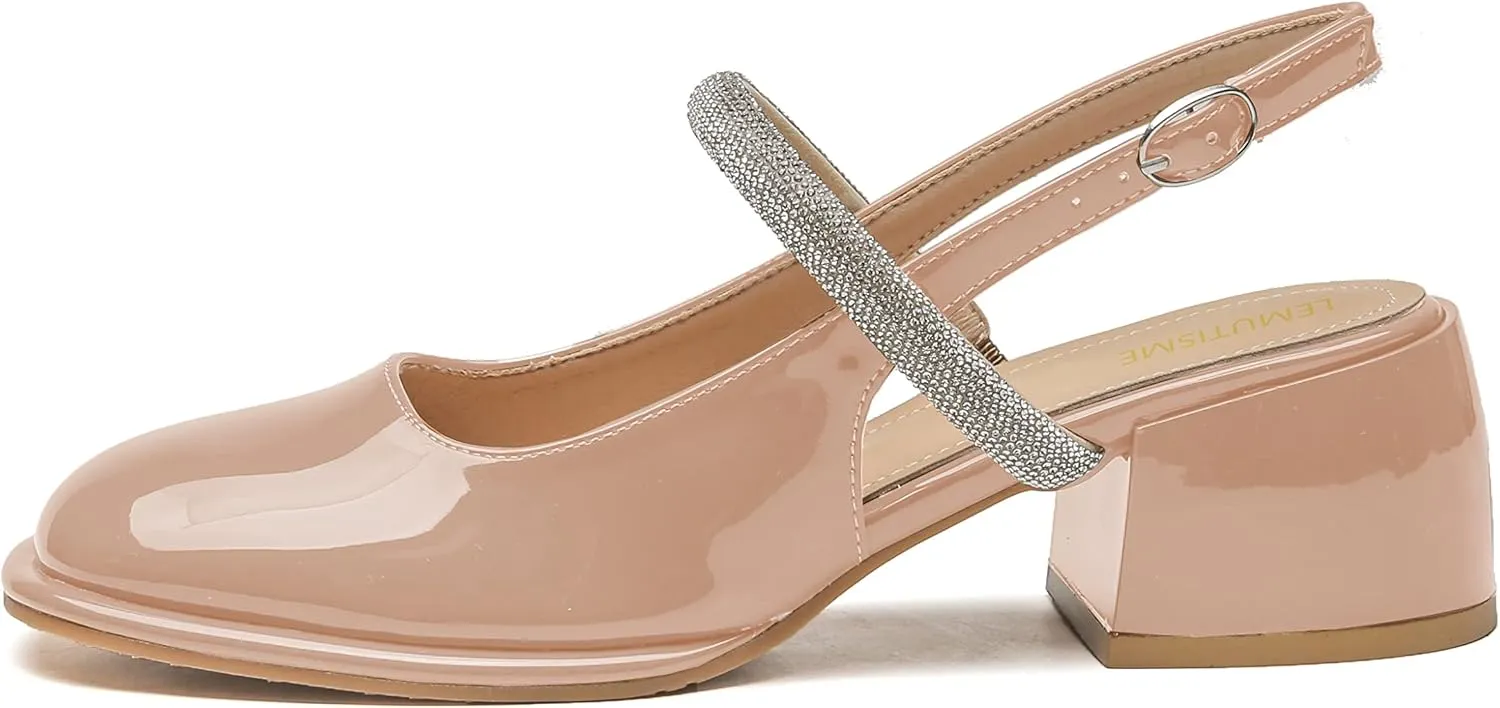LEMUTISME Women's Elegant Square Toe Chunky Slingback Mary Jane Rhinestones Ankle Strap with Buckle Mid Block Heel Dress Pumps for Wedding Prom