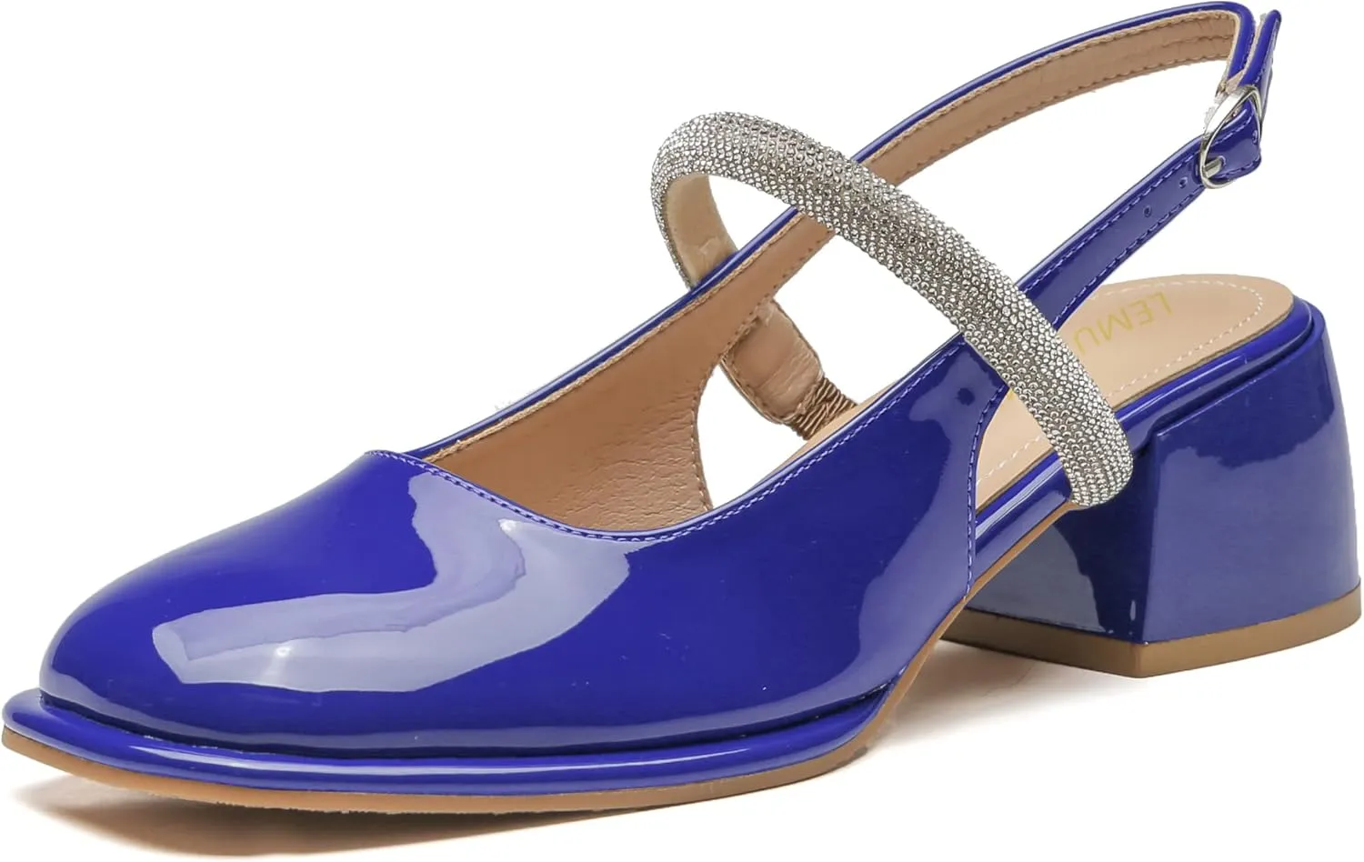 LEMUTISME Women's Elegant Square Toe Chunky Slingback Mary Jane Rhinestones Ankle Strap with Buckle Mid Block Heel Dress Pumps for Wedding Prom