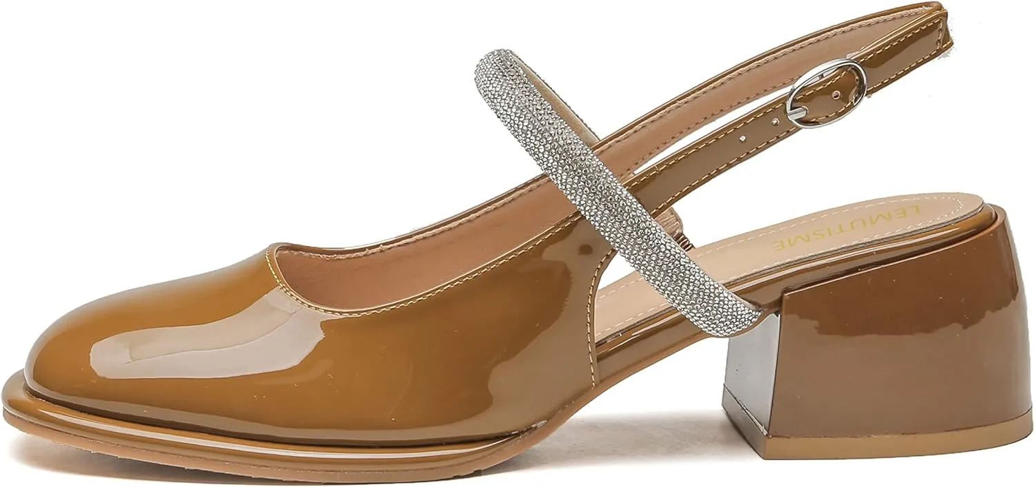 LEMUTISME Women's Elegant Square Toe Chunky Slingback Mary Jane Rhinestones Ankle Strap with Buckle Mid Block Heel Dress Pumps for Wedding Prom