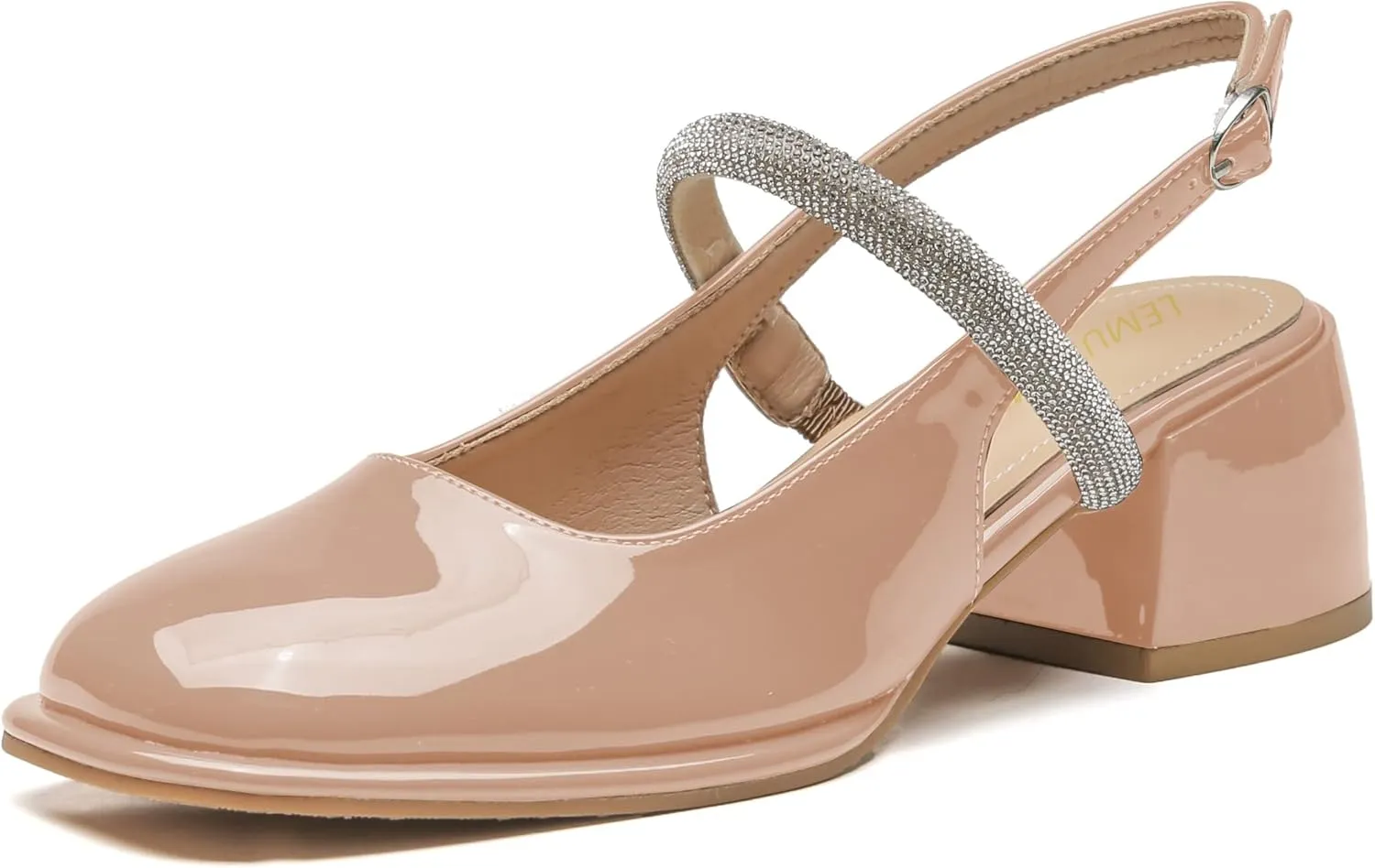 LEMUTISME Women's Elegant Square Toe Chunky Slingback Mary Jane Rhinestones Ankle Strap with Buckle Mid Block Heel Dress Pumps for Wedding Prom