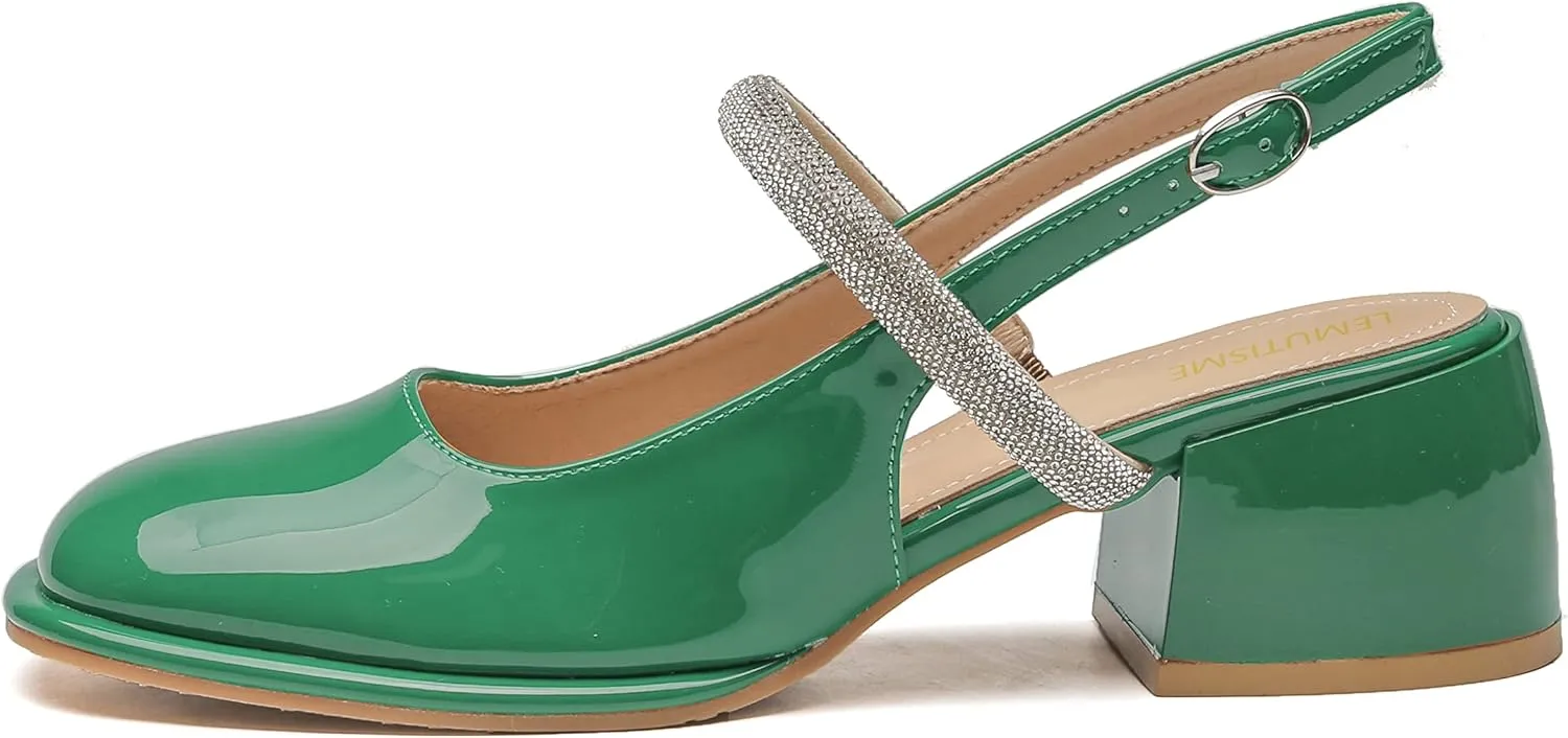LEMUTISME Women's Elegant Square Toe Chunky Slingback Mary Jane Rhinestones Ankle Strap with Buckle Mid Block Heel Dress Pumps for Wedding Prom