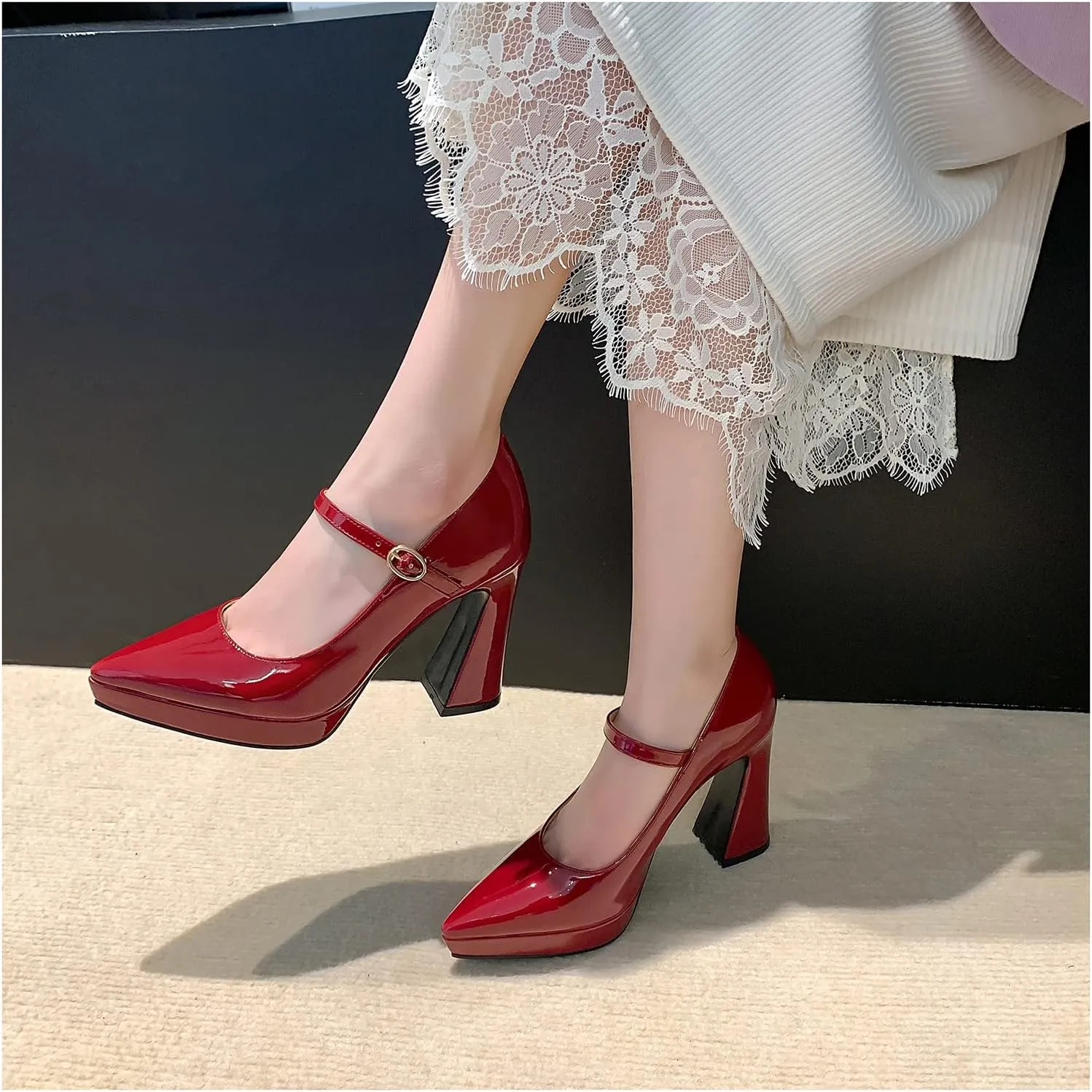 LEMUTISME Women's Fashion Patent Leather Low Platform Ankle Strap Pointed Toe Mary Jane High Block Heel with Buckle Dress Pumps for Wedding Party