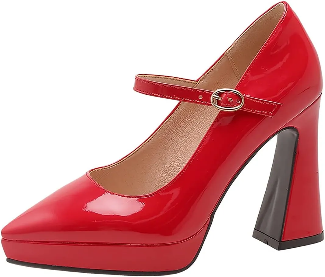 LEMUTISME Women's Fashion Patent Leather Low Platform Ankle Strap Pointed Toe Mary Jane High Block Heel with Buckle Dress Pumps for Wedding Party