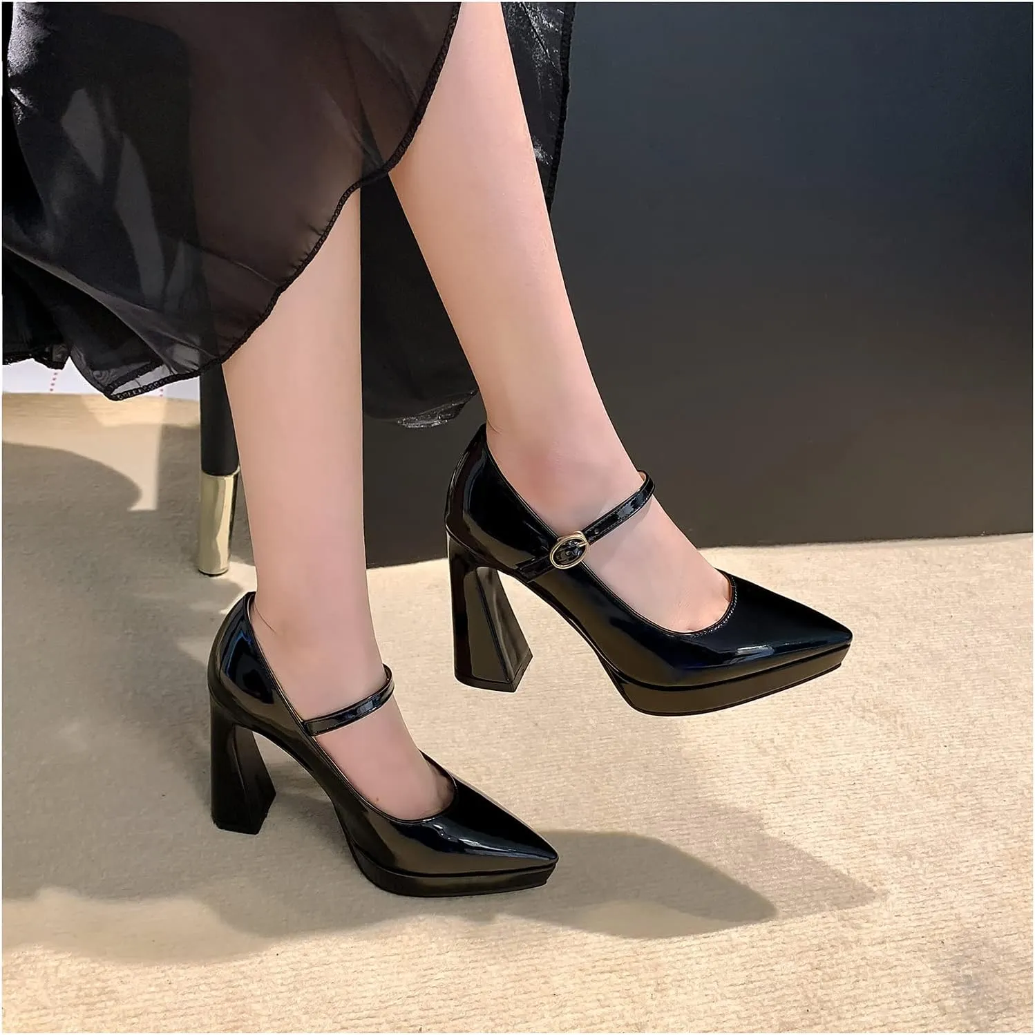 LEMUTISME Women's Fashion Patent Leather Low Platform Ankle Strap Pointed Toe Mary Jane High Block Heel with Buckle Dress Pumps for Wedding Party