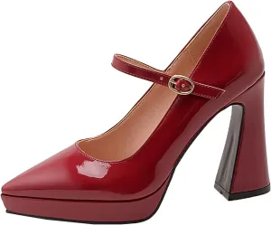 LEMUTISME Women's Fashion Patent Leather Low Platform Ankle Strap Pointed Toe Mary Jane High Block Heel with Buckle Dress Pumps for Wedding Party