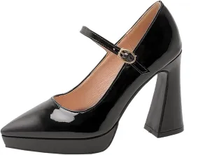 LEMUTISME Women's Fashion Patent Leather Low Platform Ankle Strap Pointed Toe Mary Jane High Block Heel with Buckle Dress Pumps for Wedding Party