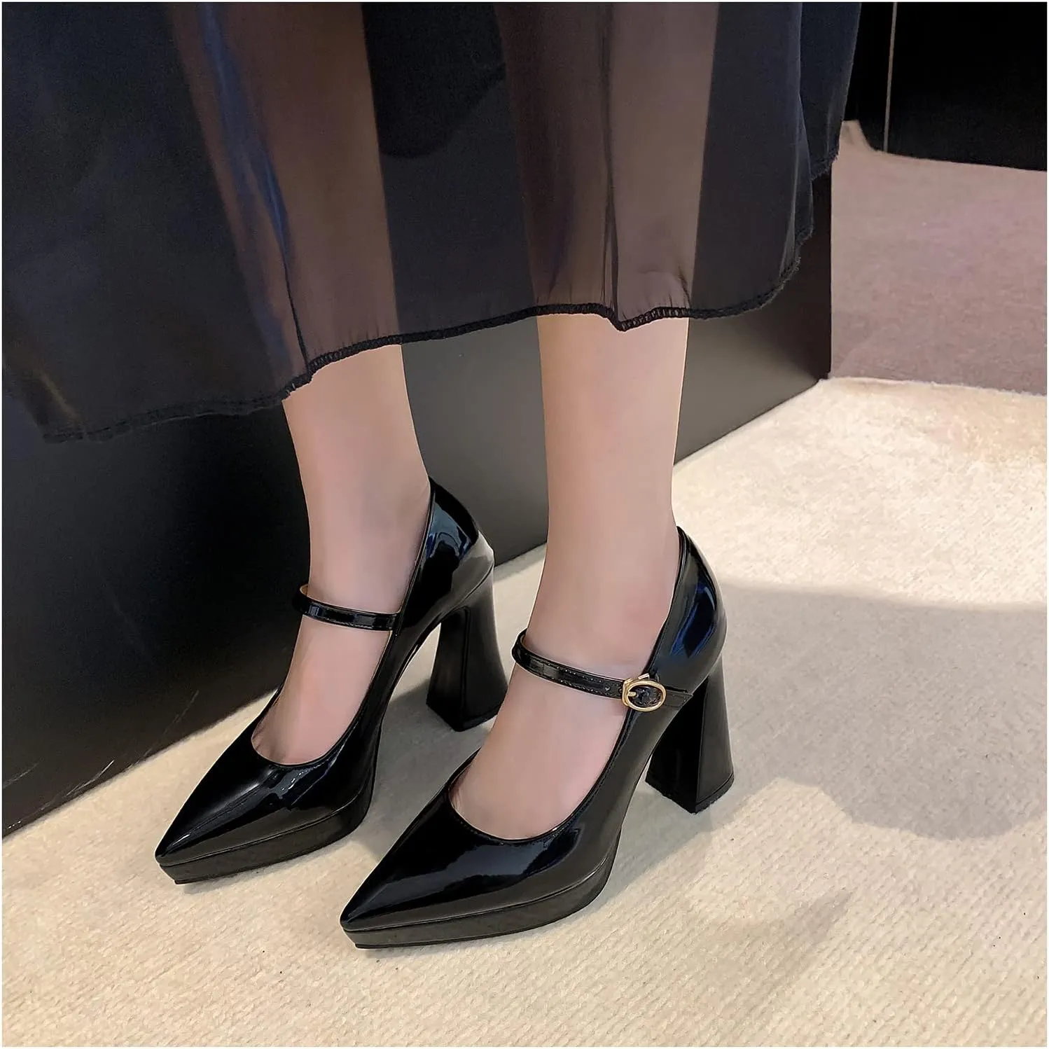 LEMUTISME Women's Fashion Patent Leather Low Platform Ankle Strap Pointed Toe Mary Jane High Block Heel with Buckle Dress Pumps for Wedding Party