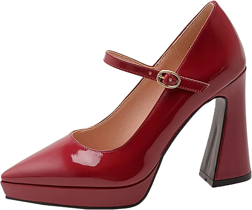 LEMUTISME Women's Fashion Patent Leather Low Platform Ankle Strap Pointed Toe Mary Jane High Block Heel with Buckle Dress Pumps for Wedding Party